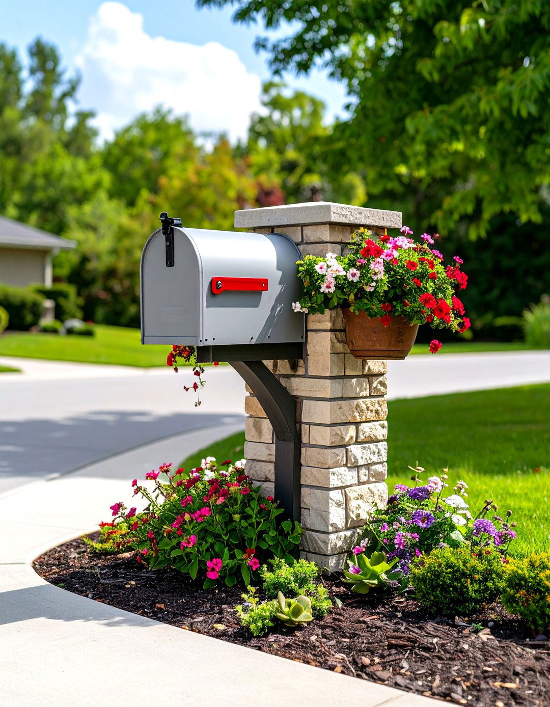 Integrated Mailbox Planter as Driveway Accent - 20 Driveway Landscape Ideas
