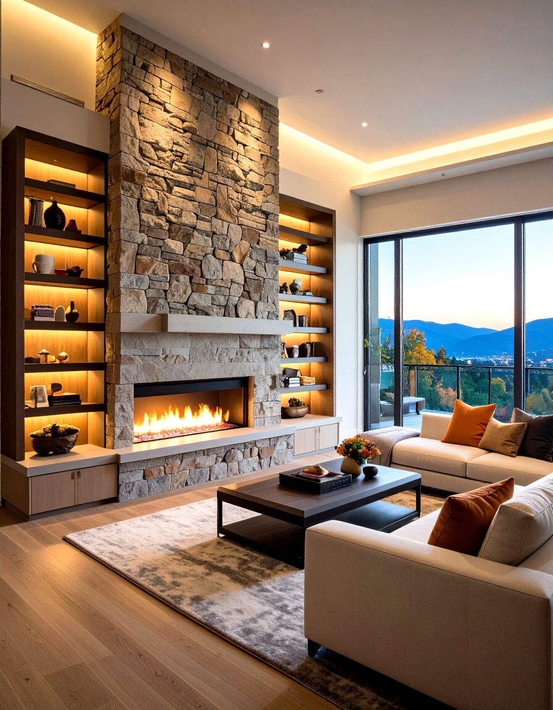 Integrated Shelving Flanks - 20 Floor-to-Ceiling Stone Fireplace Ideas