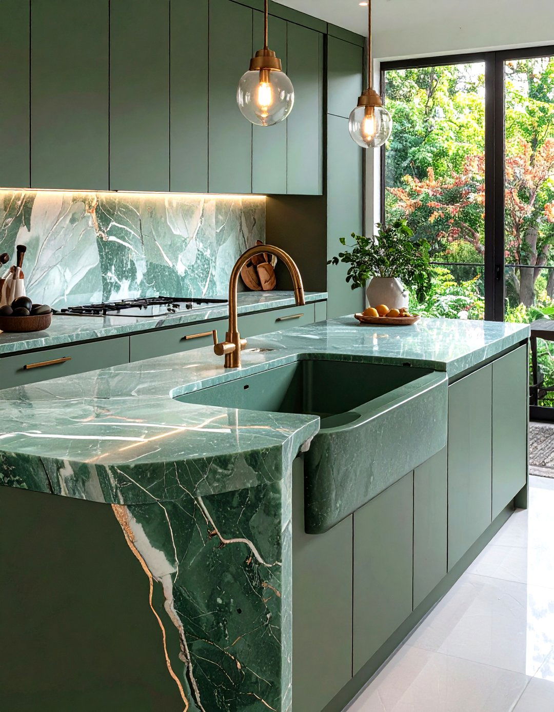 Integrated Sink Carved from One Slab - 20 Green Marble Countertop Design Ideas