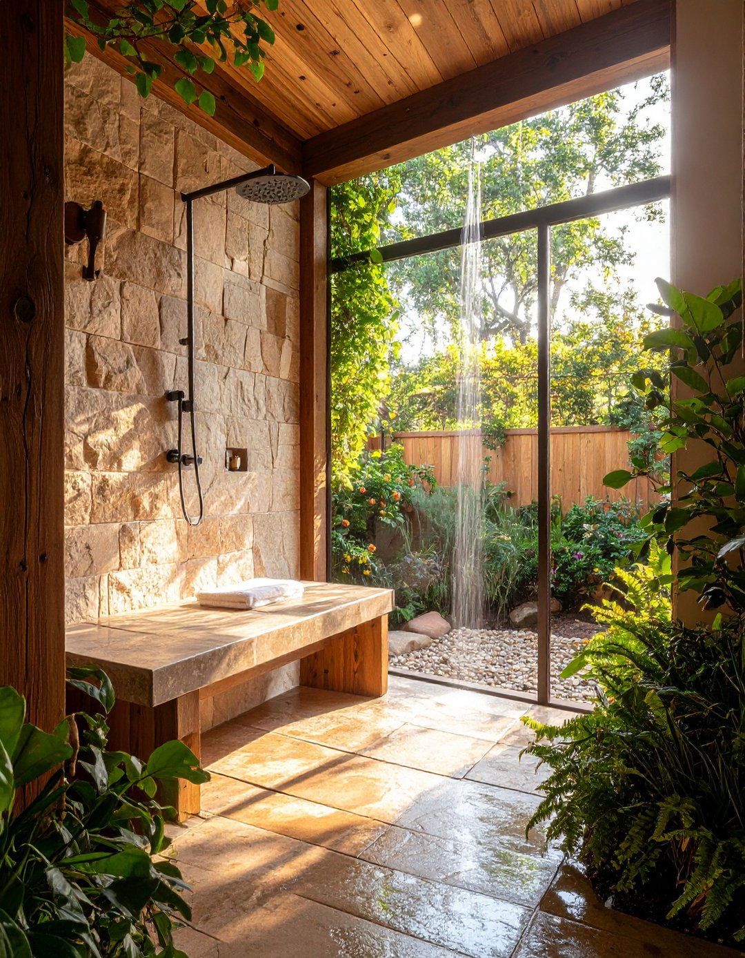 Integrated Stone Bench Seating - 20 Rustic Walk-in Shower Ideas