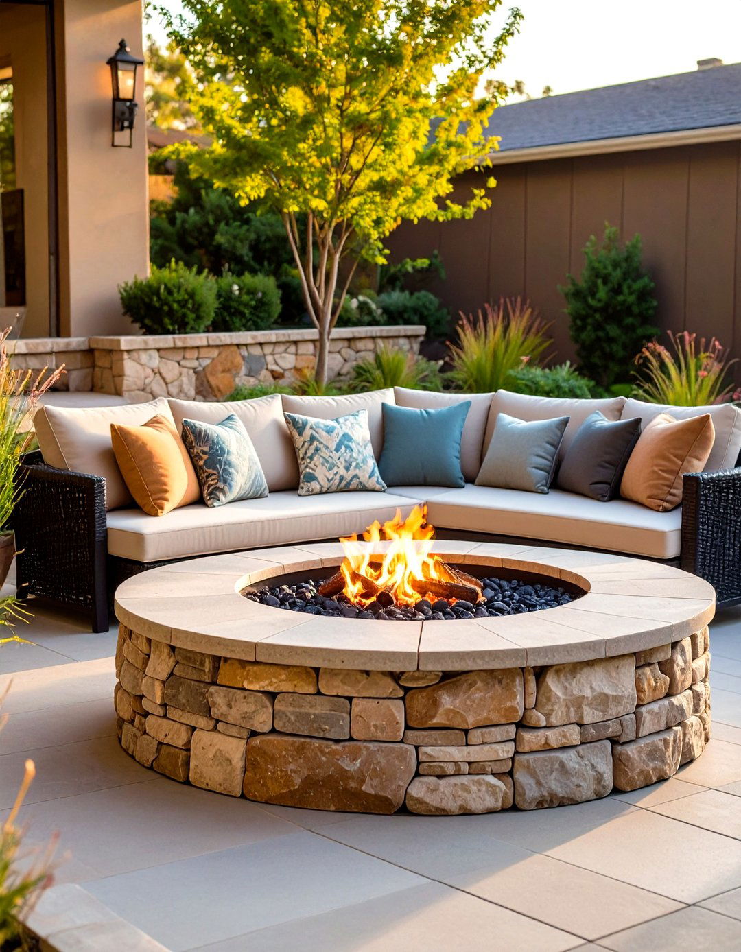 Integrated Stone Seating Wall - 20 Stone Patio With a Fire Pit Ideas