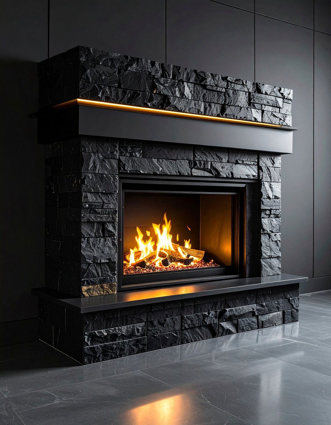 Integrated TV Niche Streamlines Media and Fire - 20 Black Stone Fireplace Ideas