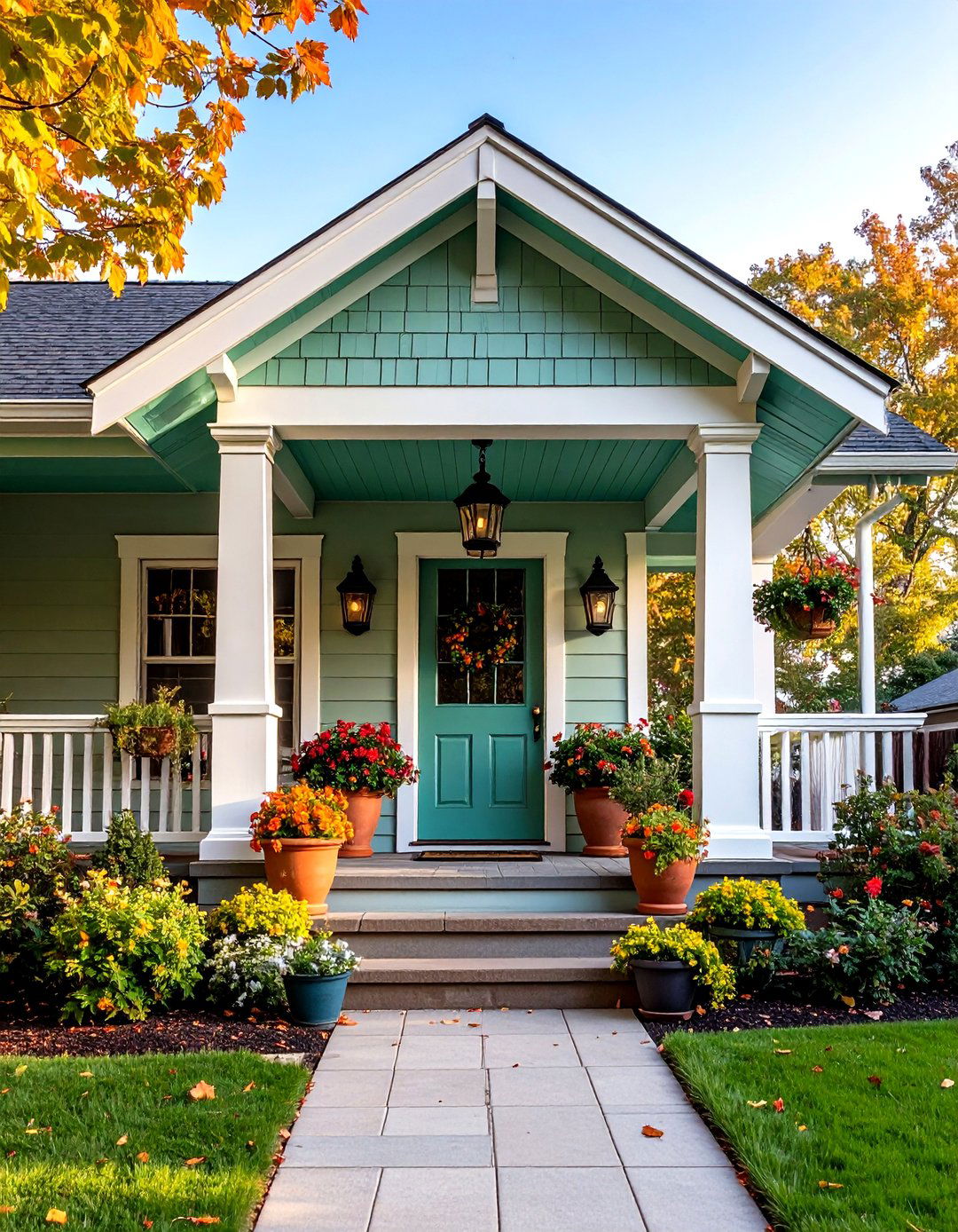 Inviting Porch Punctuated by Color - 20 Home Designs Using Natural Clay Siding Colors