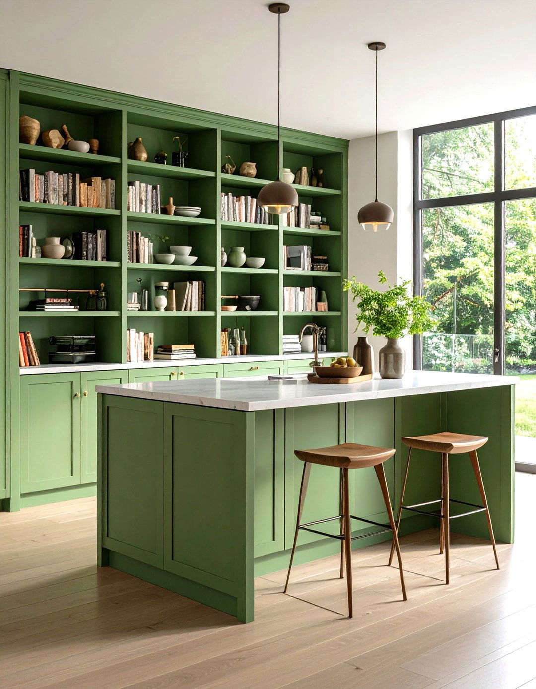 Island with Open Bookcases - 20 Sage Green Kitchen Island Ideas