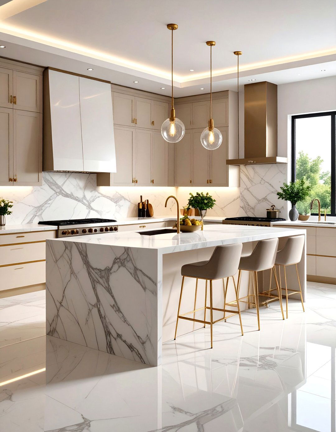 Italian Kitchen Design with Marble Waterfall Island Countertops - 20 Italian Kitchen Design Ideas