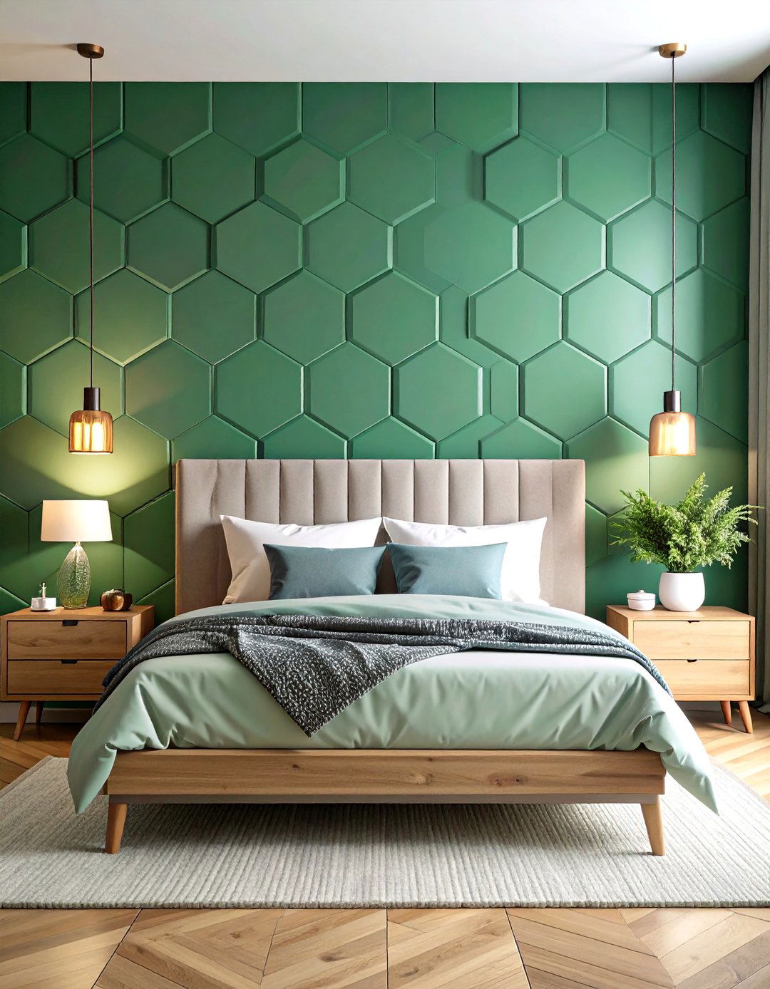 Jade Green Geometric Wallpaper Feature - 20 Jade Green Bedroom Ideas