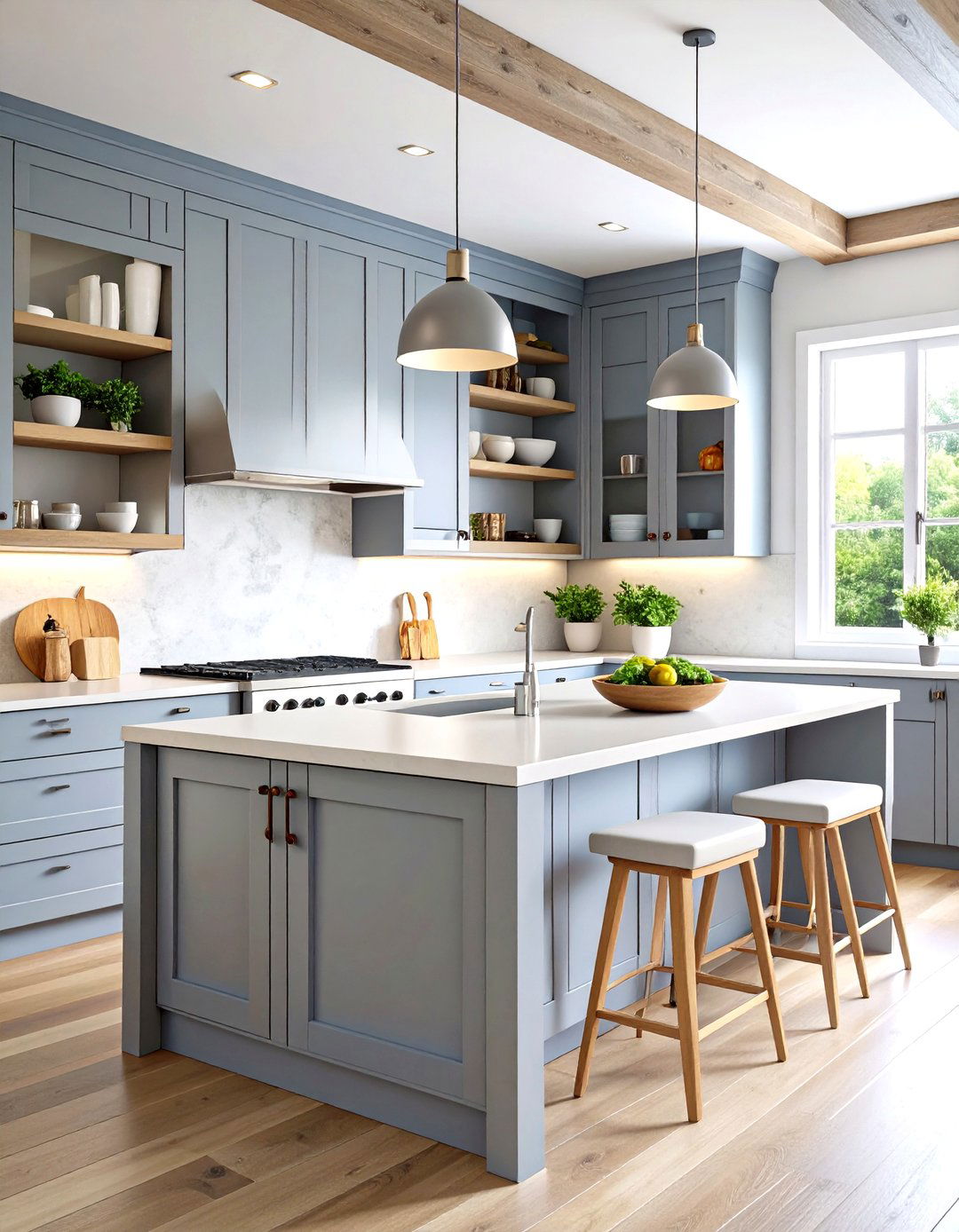 Japandi Ash Grey Kitchen with Floating White Shelves - 20 Grey and White Kitchen Designs