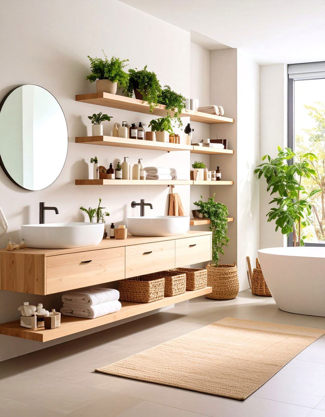 Japandi Bathroom Floating Shelf Minimalism - 20 Japandi Bathroom Ideas