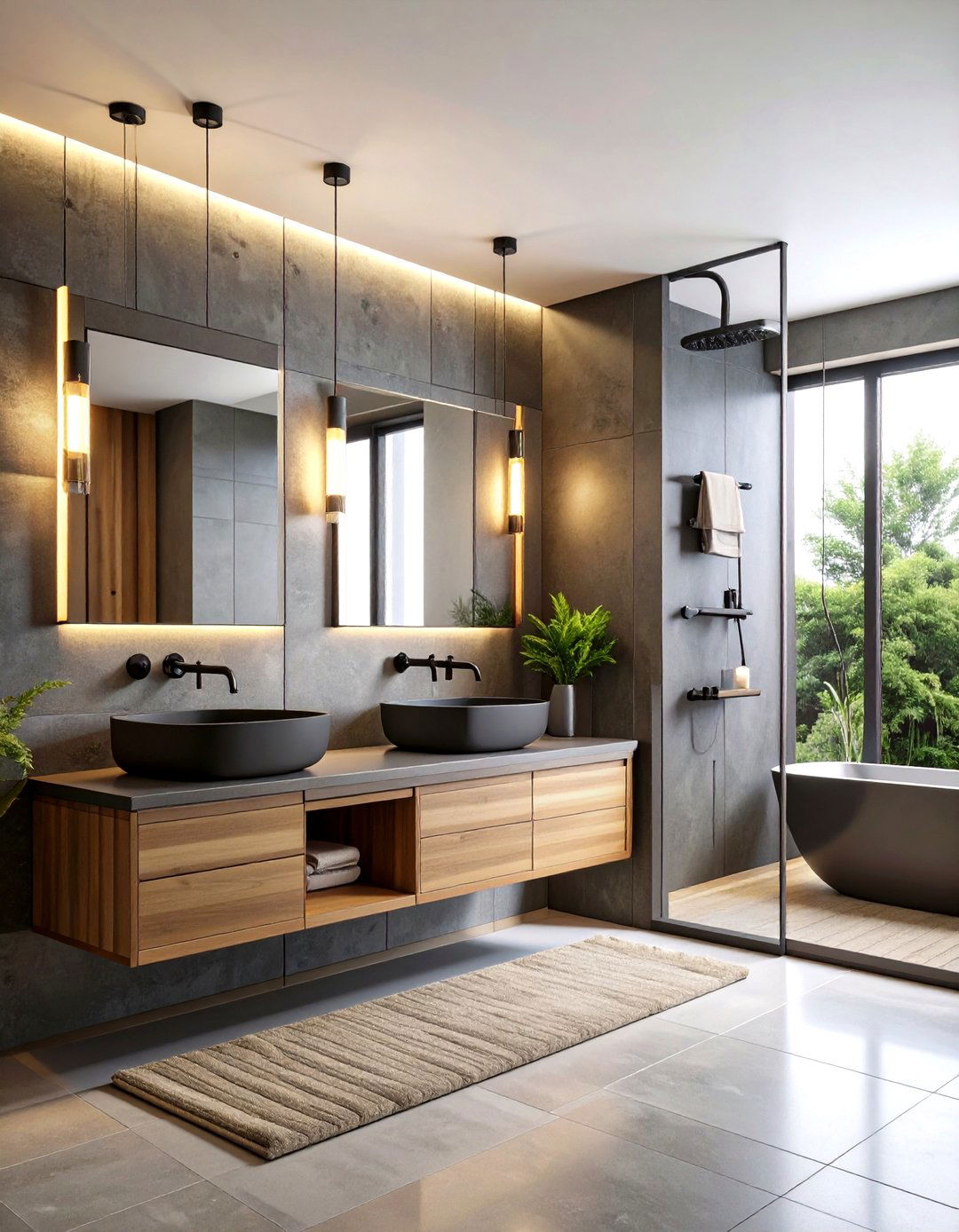 Japandi Bathroom Matte Black Fixture Accents - 20 Japandi Bathroom Ideas