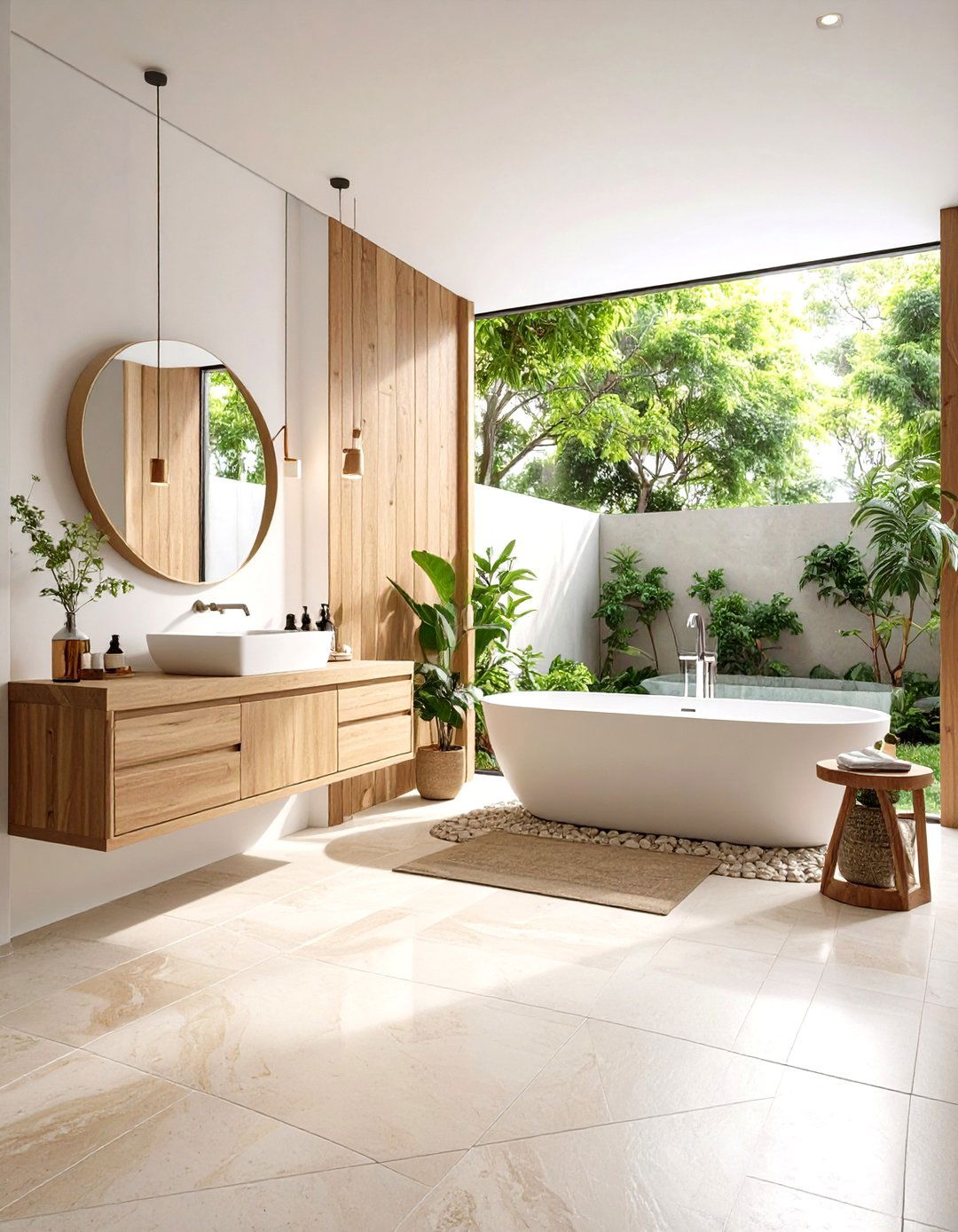 Japandi Bathroom Natural Stone Flooring - 20 Japandi Bathroom Ideas