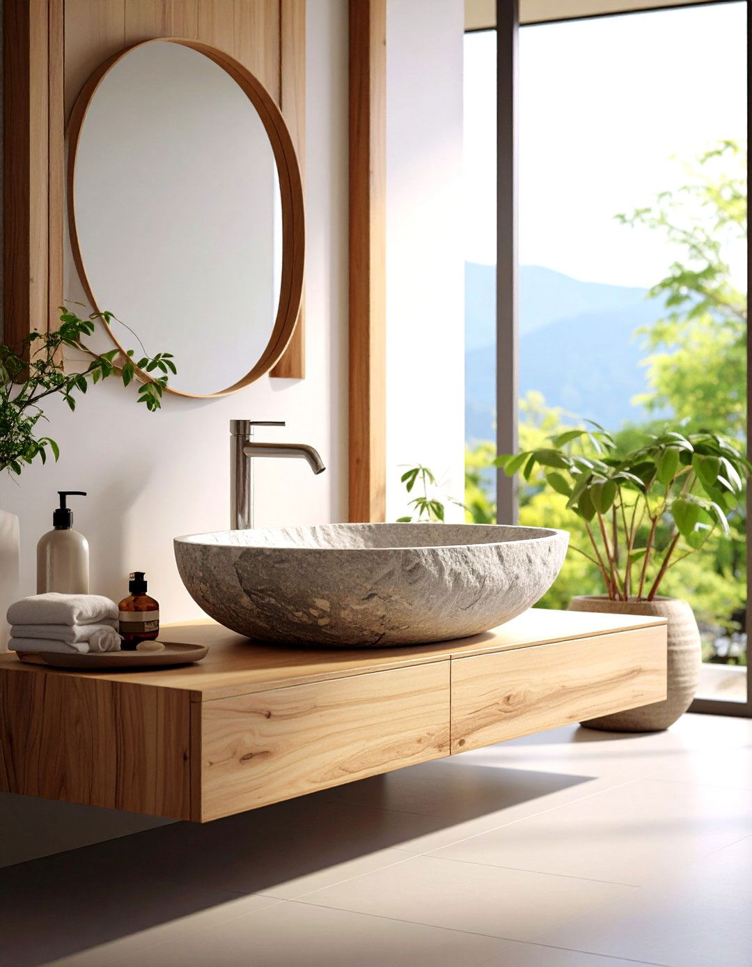 Japandi Bathroom Stone Vessel Sink Elements - 20 Japandi Bathroom Ideas