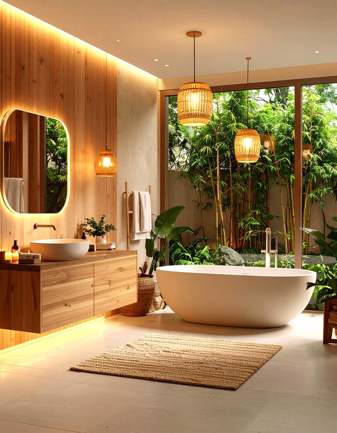 Japandi Bathroom Warm LED Lighting Fixtures - 20 Japandi Bathroom Ideas