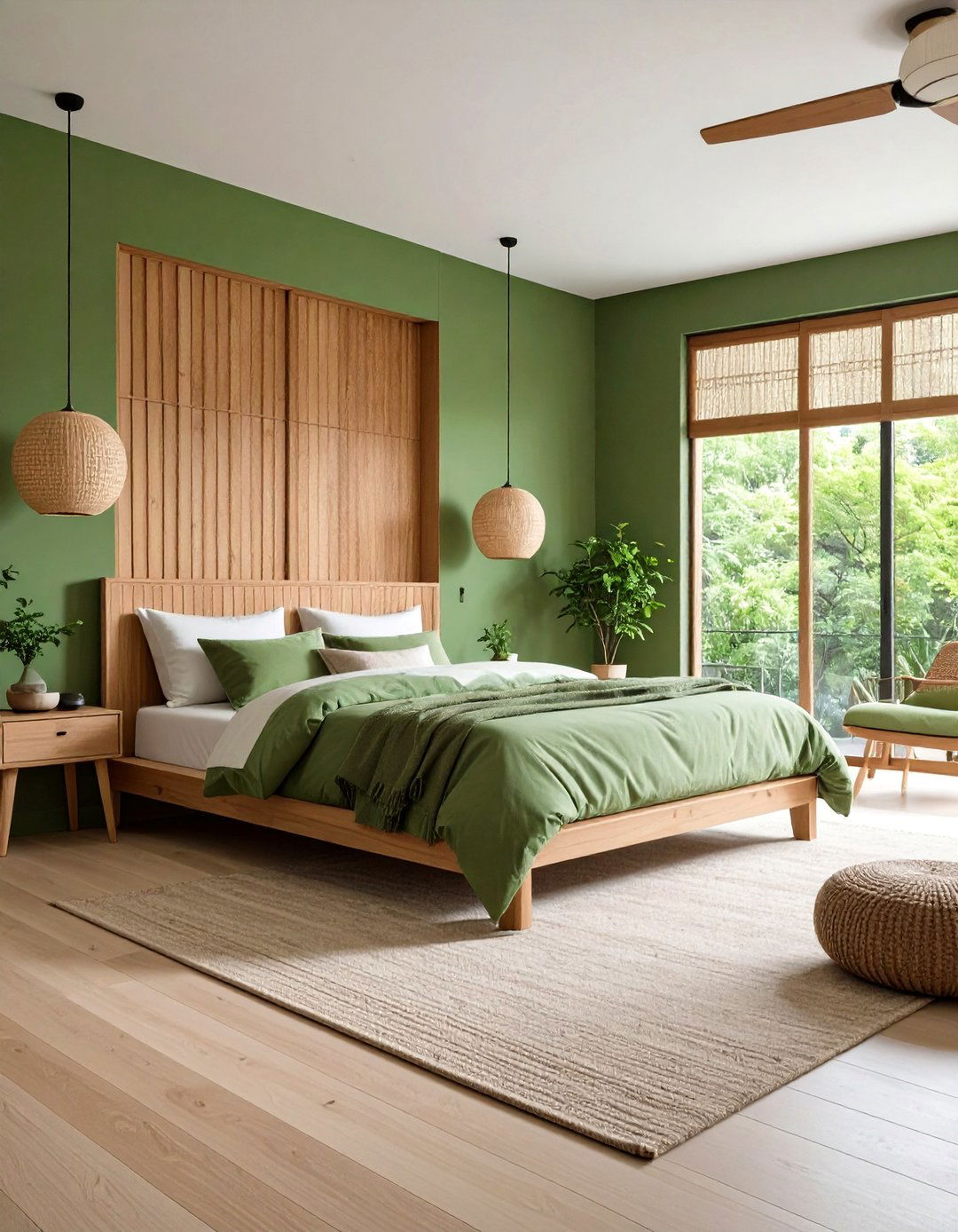Japandi Green Bedroom with Moss Tones and Clean Lines - 20 Green Bedroom Ideas