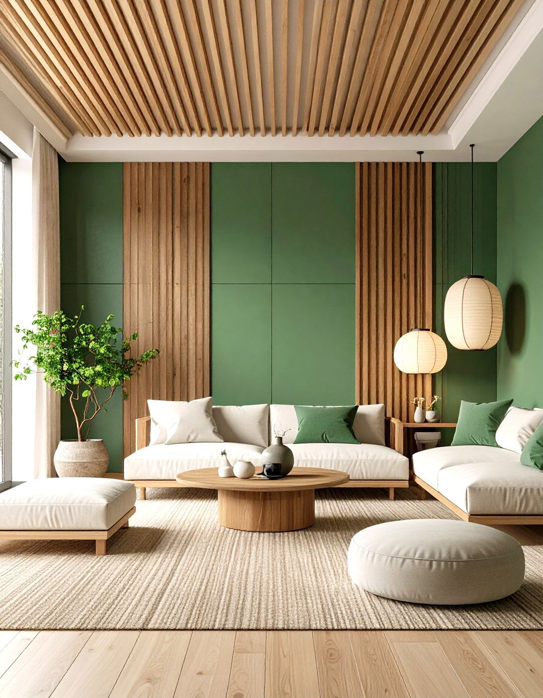 Japandi Inspired Vertical Slat Dark Green Accent Wall - 20 Dark Green Accent Wall Ideas