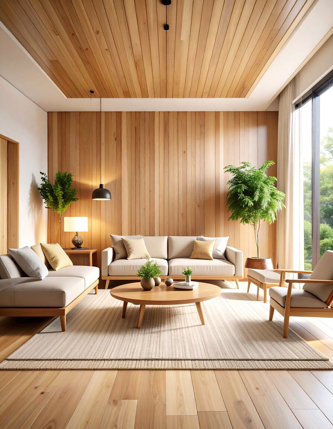 Japandi Living Room Wood Slat Wall Features - 20 Japandi Living Room Ideas