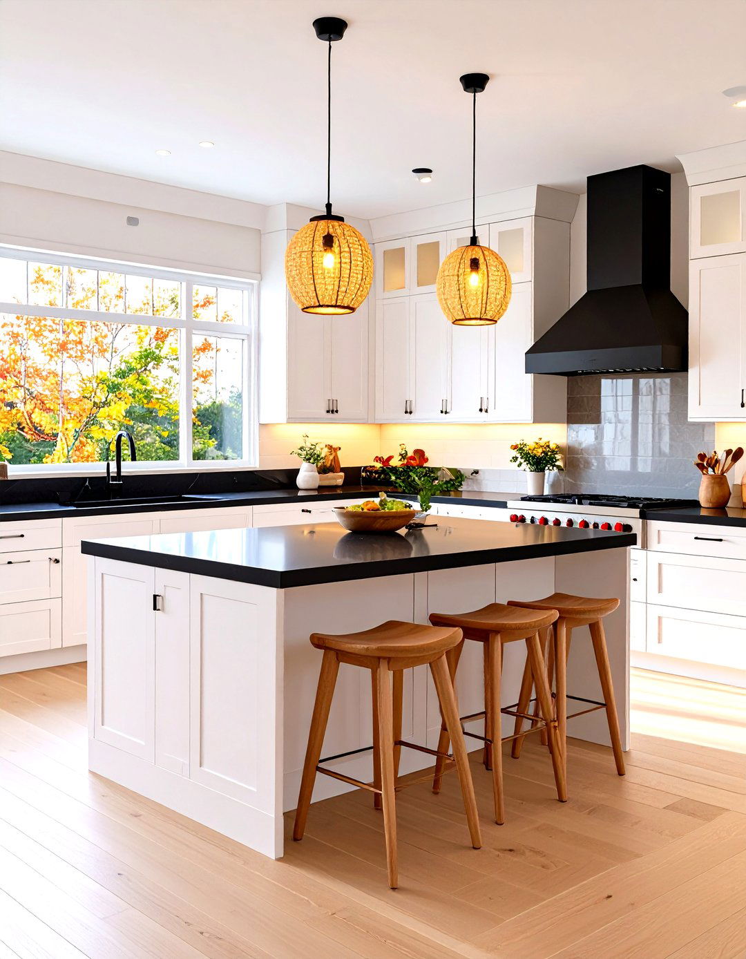 Japandi Serenity White Kitchen with Black Countertops - 20 white kitchen with black countertops ideas