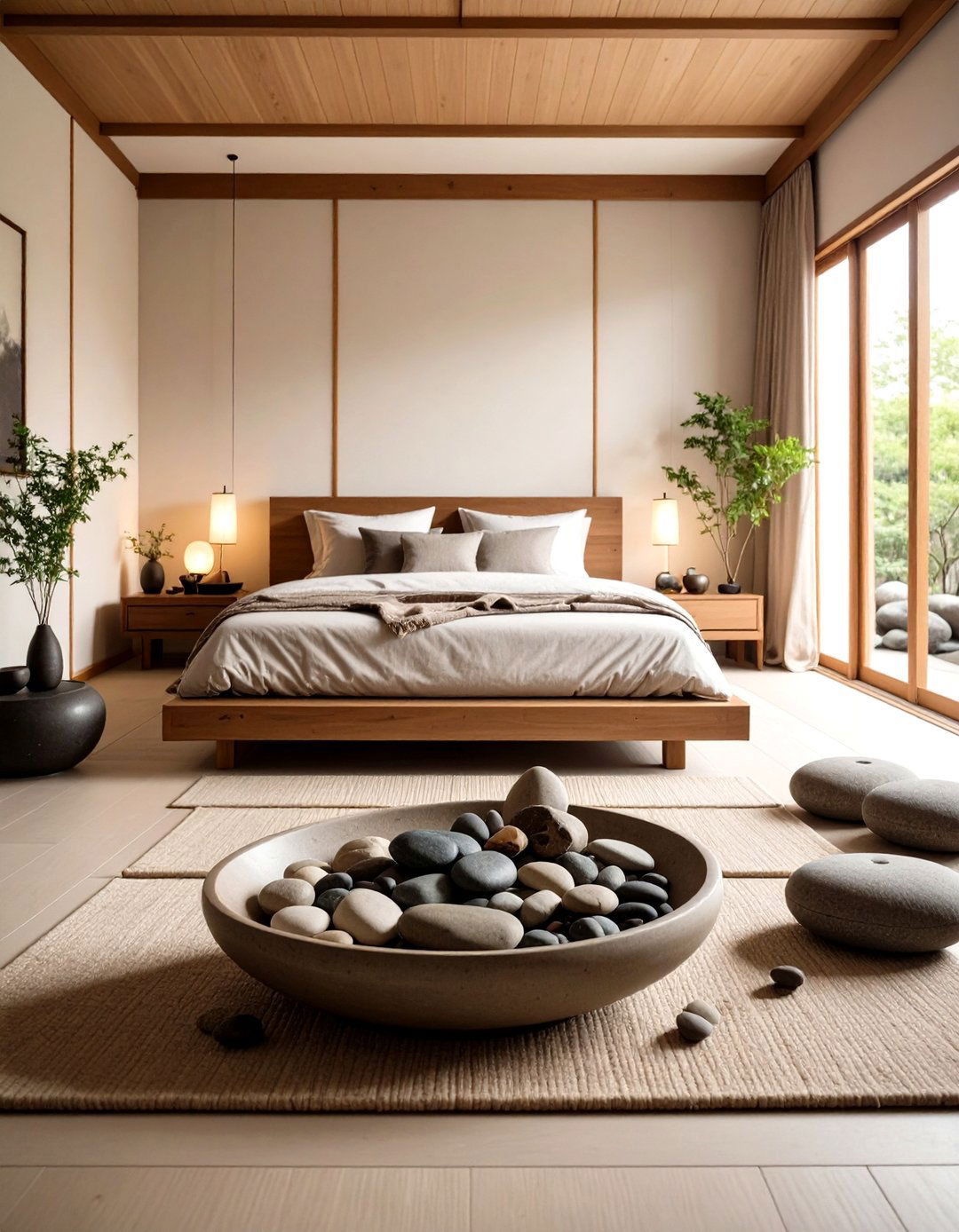 Japanese Bedroom Design with Stone and Pebble Decorative Accents - 20 Japanese Bedroom Design Ideas