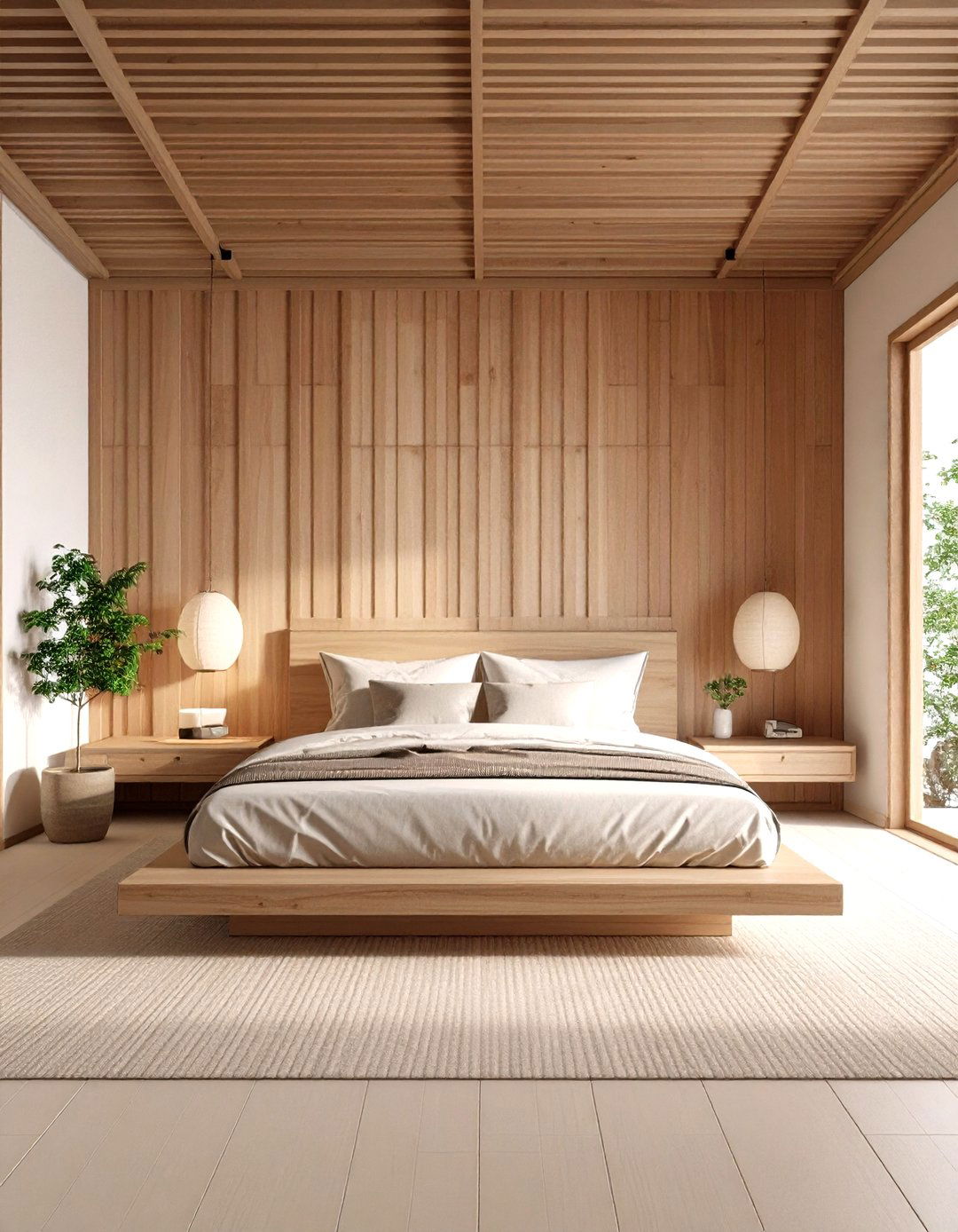 Japanese Bedroom Design with Vertical Wood Slat Accent Walls - 20 Japanese Bedroom Design Ideas
