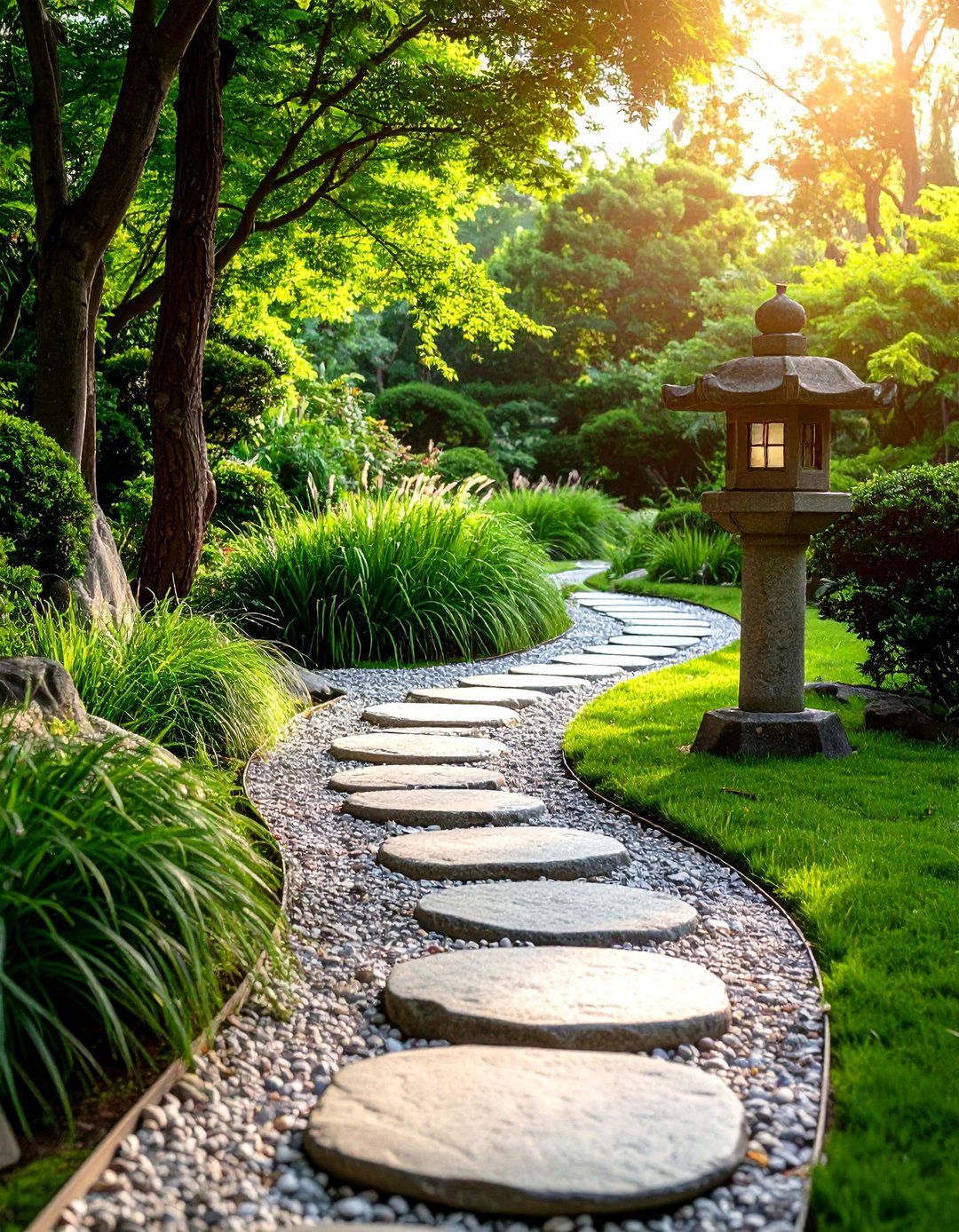 Japanese Inspired Curved Stone Walkway with Lanterns - 20 Curved Walkway Ideas