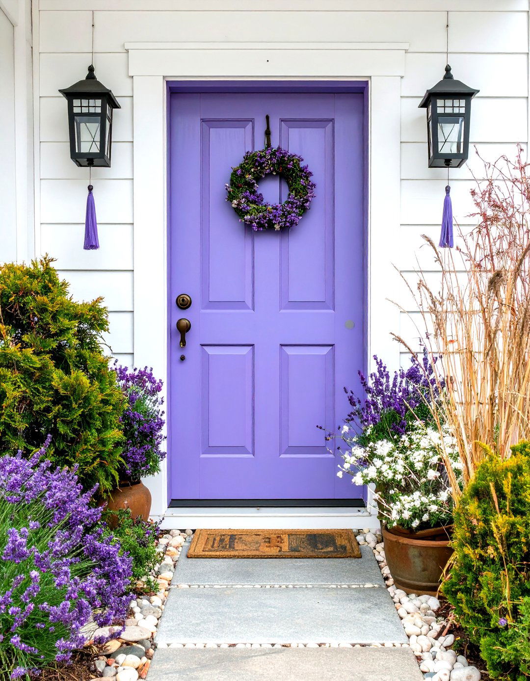 Japanese Inspired Lavender Front Door with Zen Garden Elements - 20 Lavender Front Door Ideas