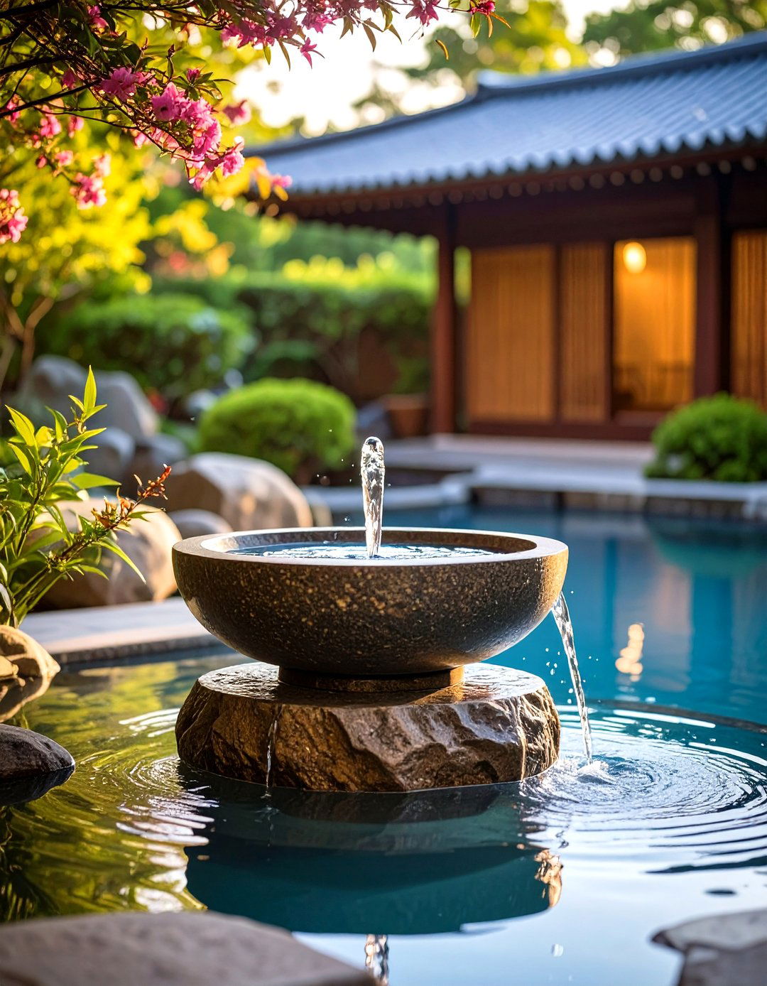 Japanese Stone Bowl Fountains Zen Pool Water Feature - 20 Pool Fountain Ideas