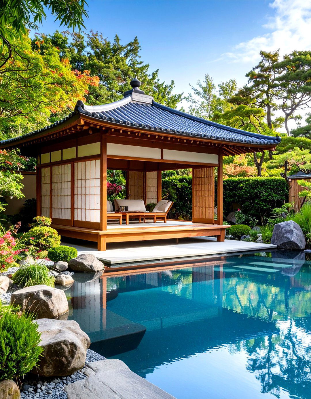 Japanese Tea House Pool Gazebo with Sliding Panels - 20 Pool Gazebo Ideas