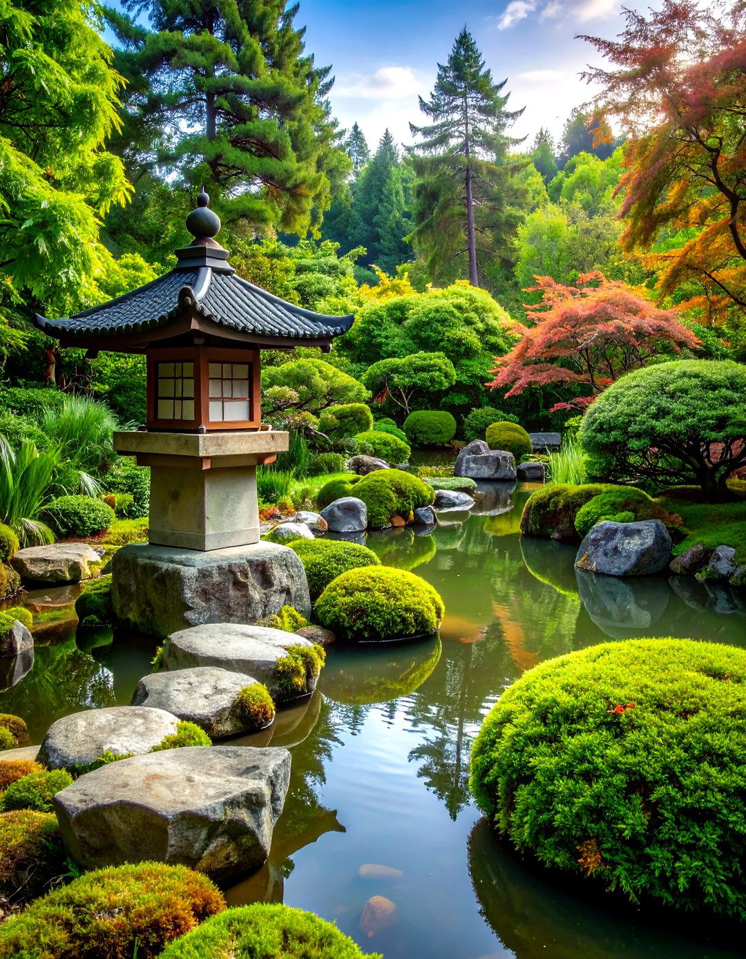 Japanese Zen Raised Garden Pond with Stone Lantern Features - 20 Raised Garden Pond Ideas