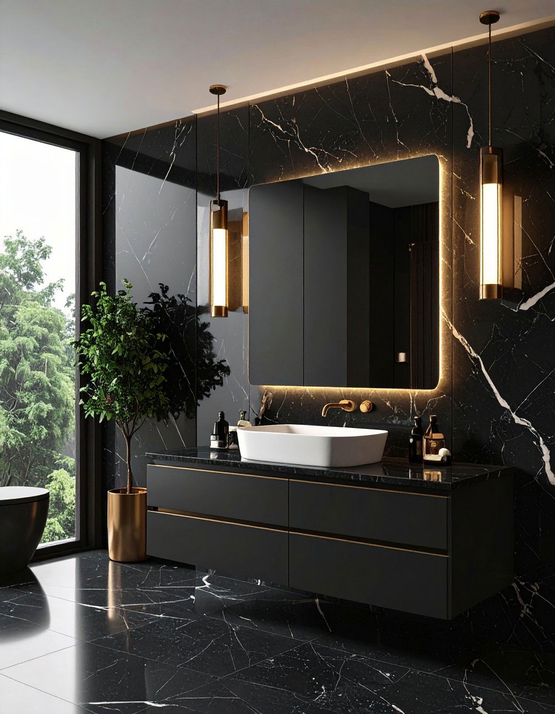 Jewel Box Powder Room with Mirrors - 20 Black Marble Bathrooms