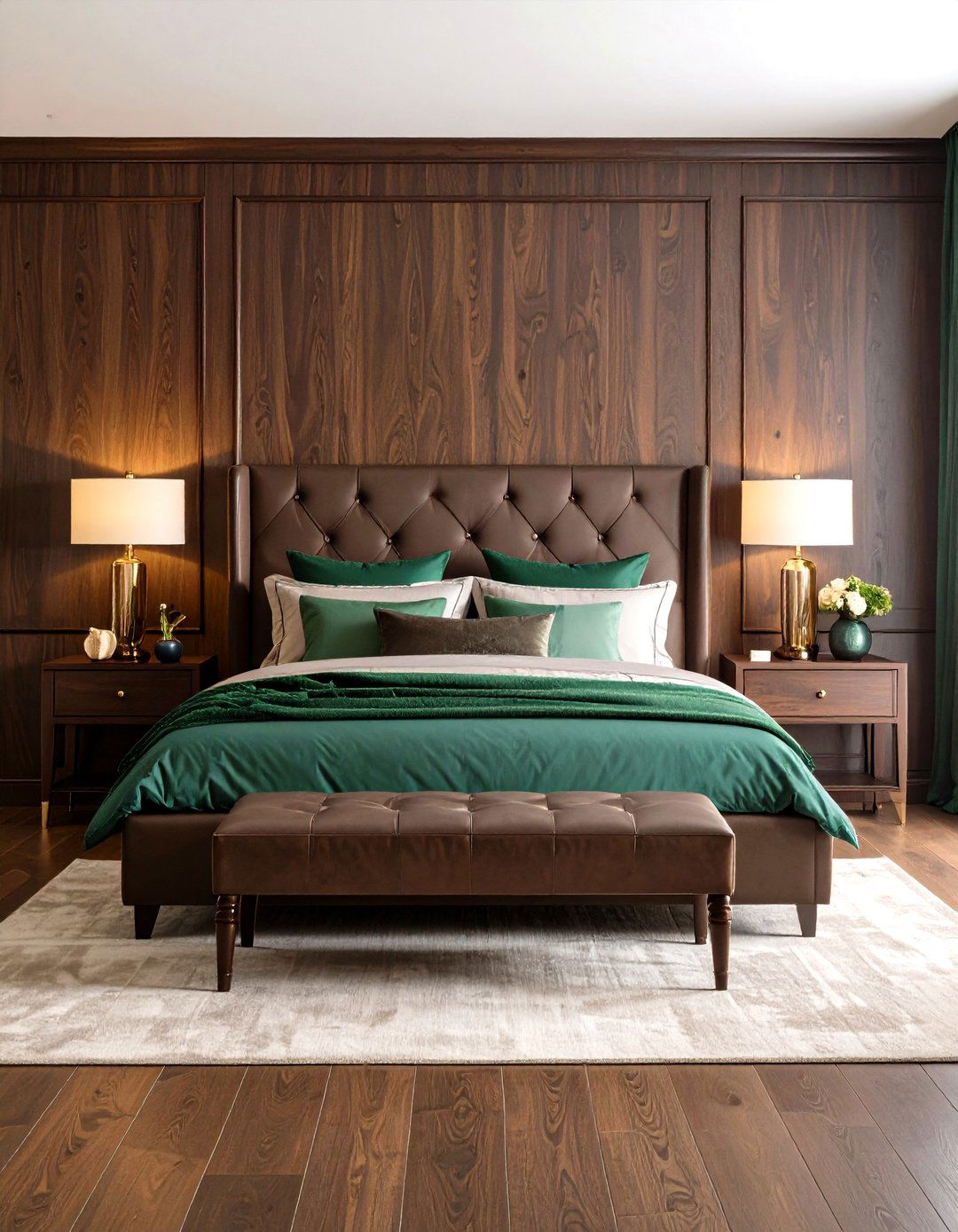 Jewel Tone Accents Against Dark Wood Bedroom Backdrops - 20 Dark Wood Bedroom Ideas