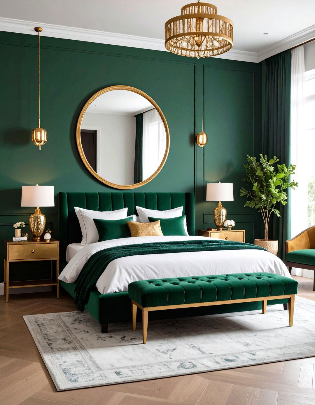 Jewel Tone Layering with Gold Mirrors - 20 Emerald Green and Gold Bedroom Ideas