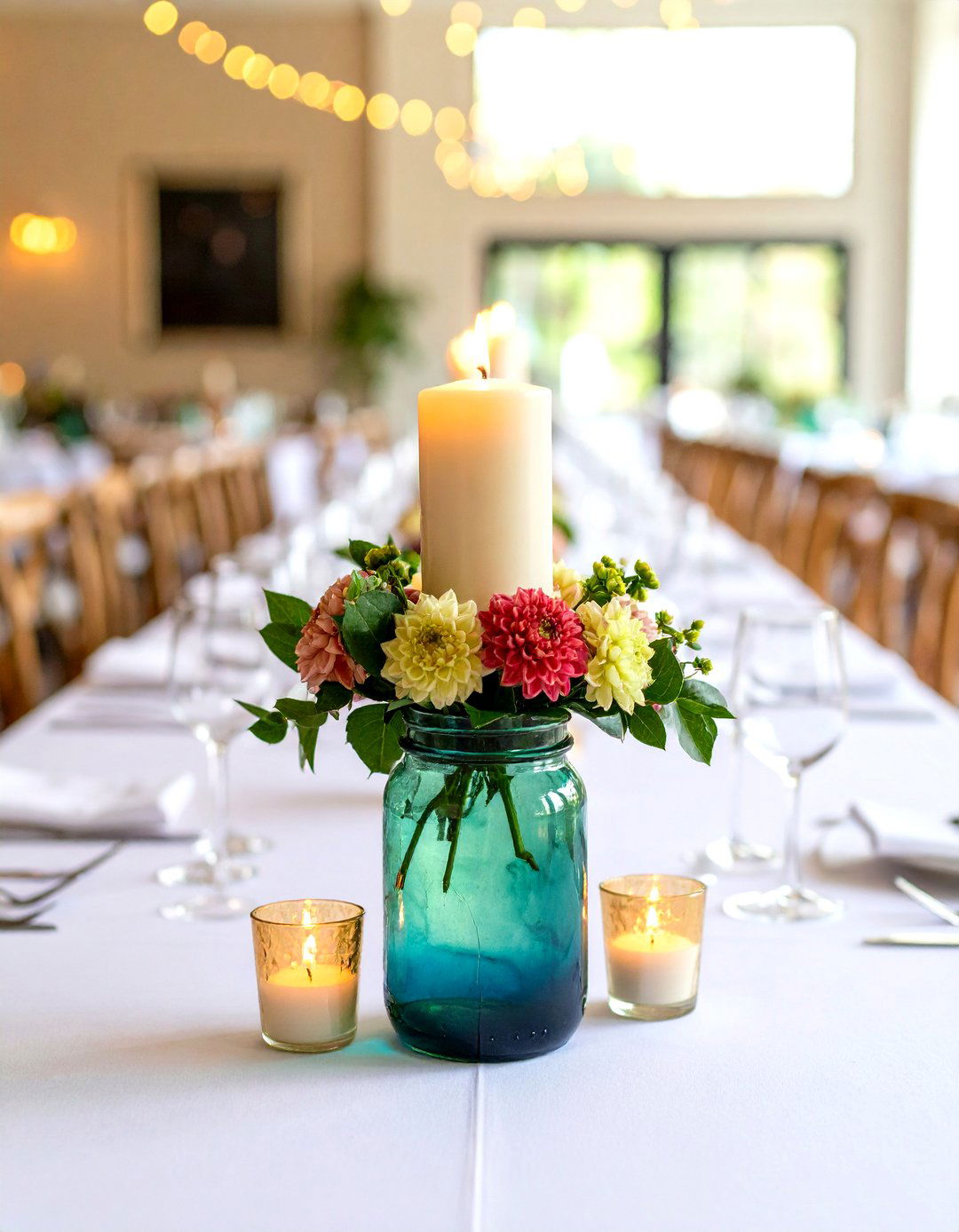Jewel Tone Stained Mason Jar with Dahlia and Taper - 20 Mason Jar Wedding Centerpieces