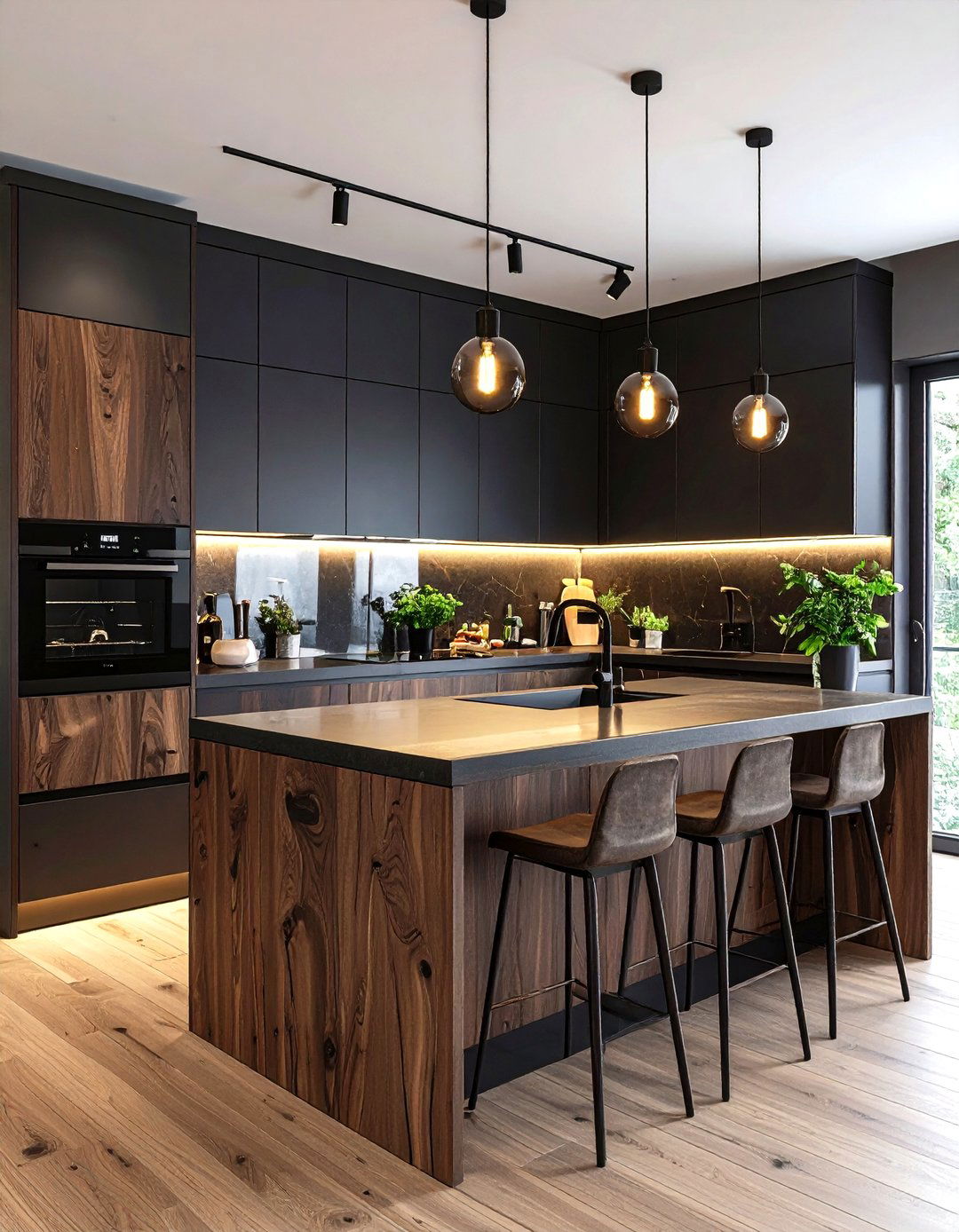 Keep Small Kitchens Light by Layering Illumination and Gloss - 20 Dark Wood Kitchen Cabinets