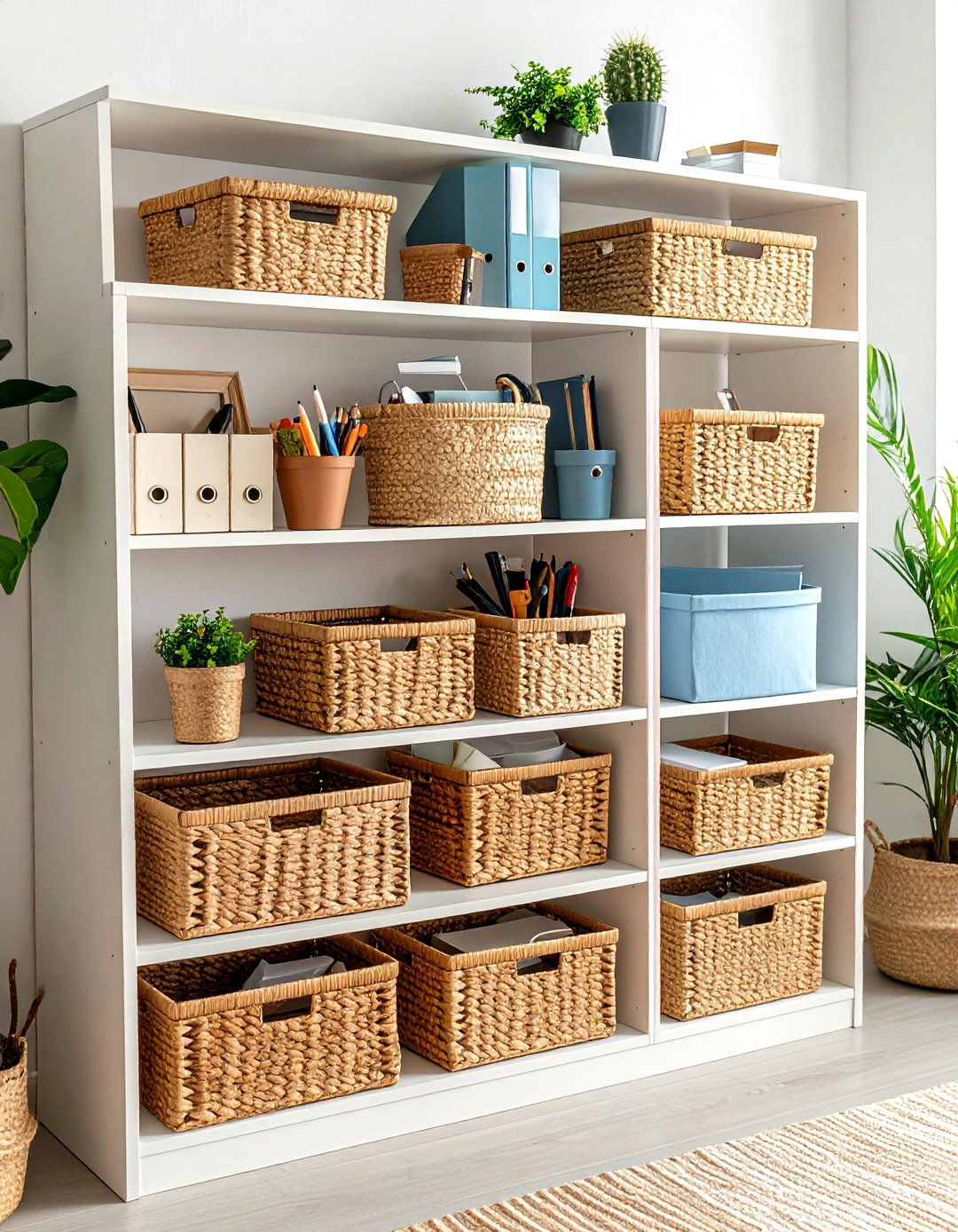 Keep the Space Organized with Stylish Storage Baskets - 20 Sunroom Office Ideas