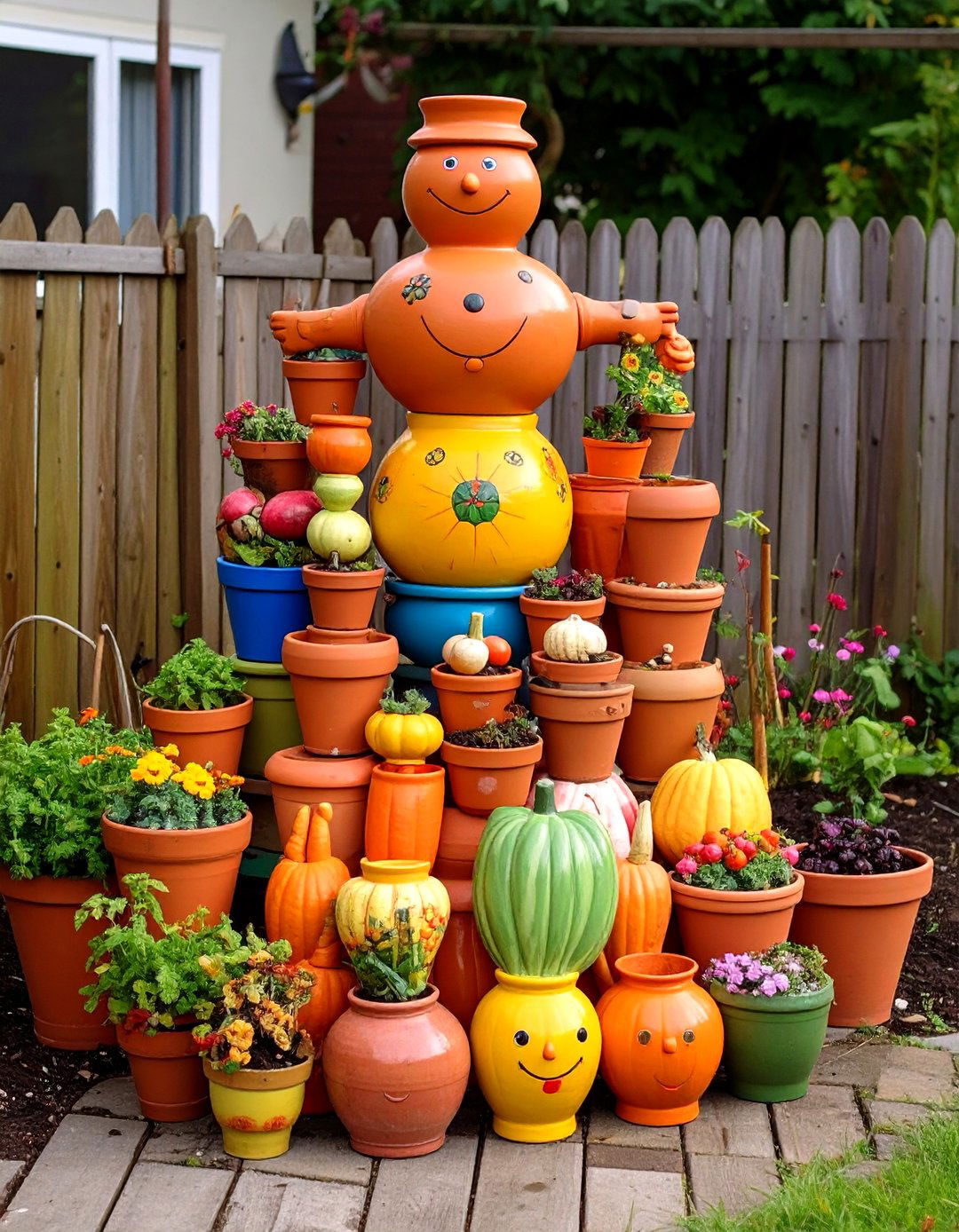 Kid Painted Terra Cotta Pot Scarecrow - 20 Garden Scarecrow Ideas