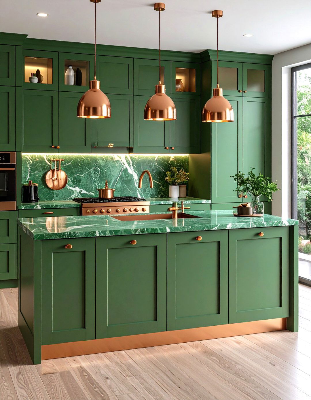Kitchen Countertops in Green Marble Enhanced by Copper Fixtures - 20 Green and Copper Kitchen Ideas