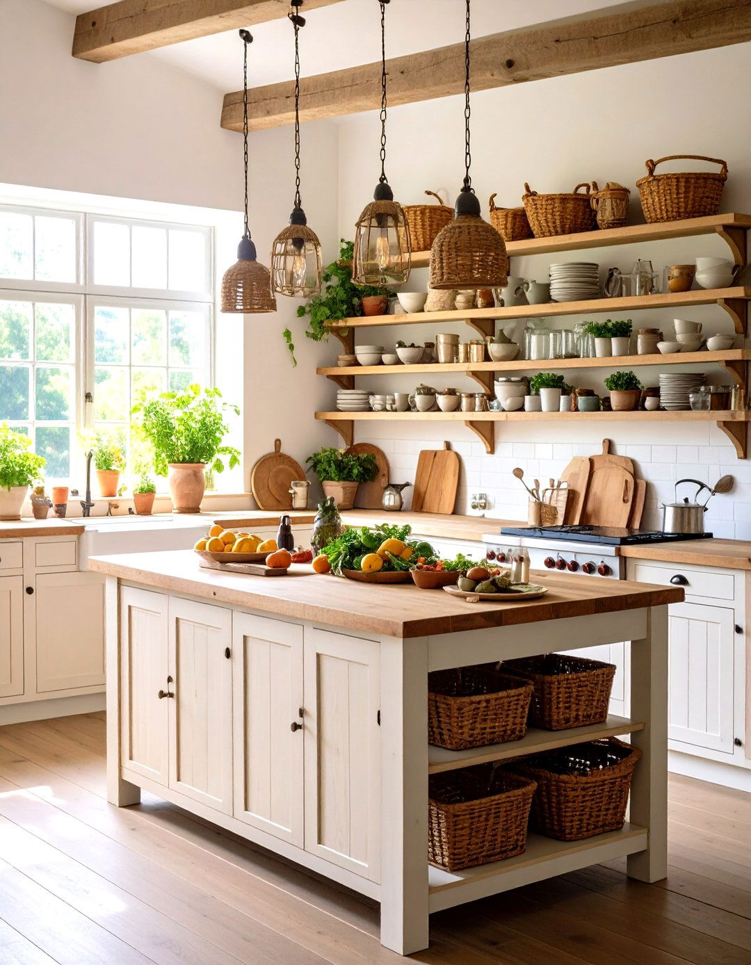 Kitchen Island Storage with Farmhouse Style Open Shelving and Baskets - 20 Kitchen Island Storage Ideas