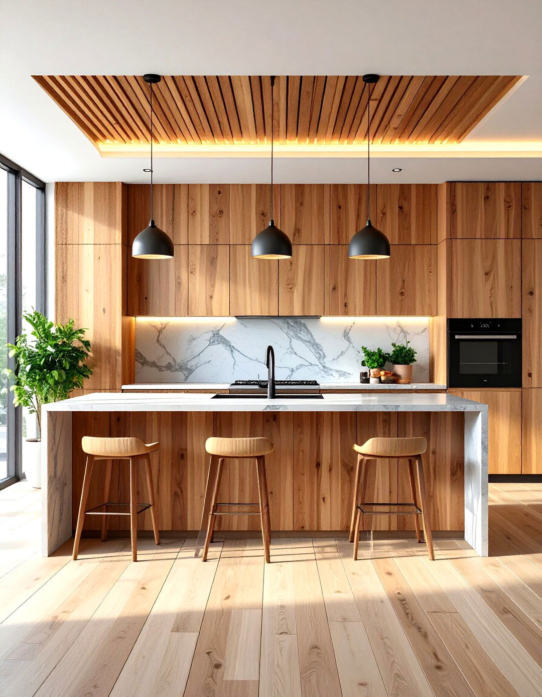 Kitchen Island Wood Slat Accent Wall