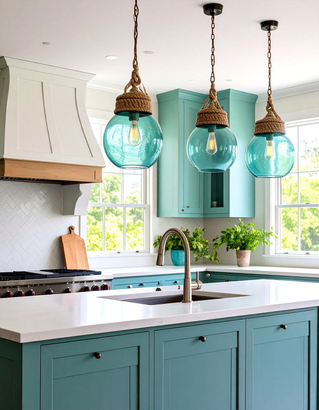 Kitchen Sink Lighting with Coastal Glass Globe Pendants - 20 Kitchen Sink Lighting Ideas