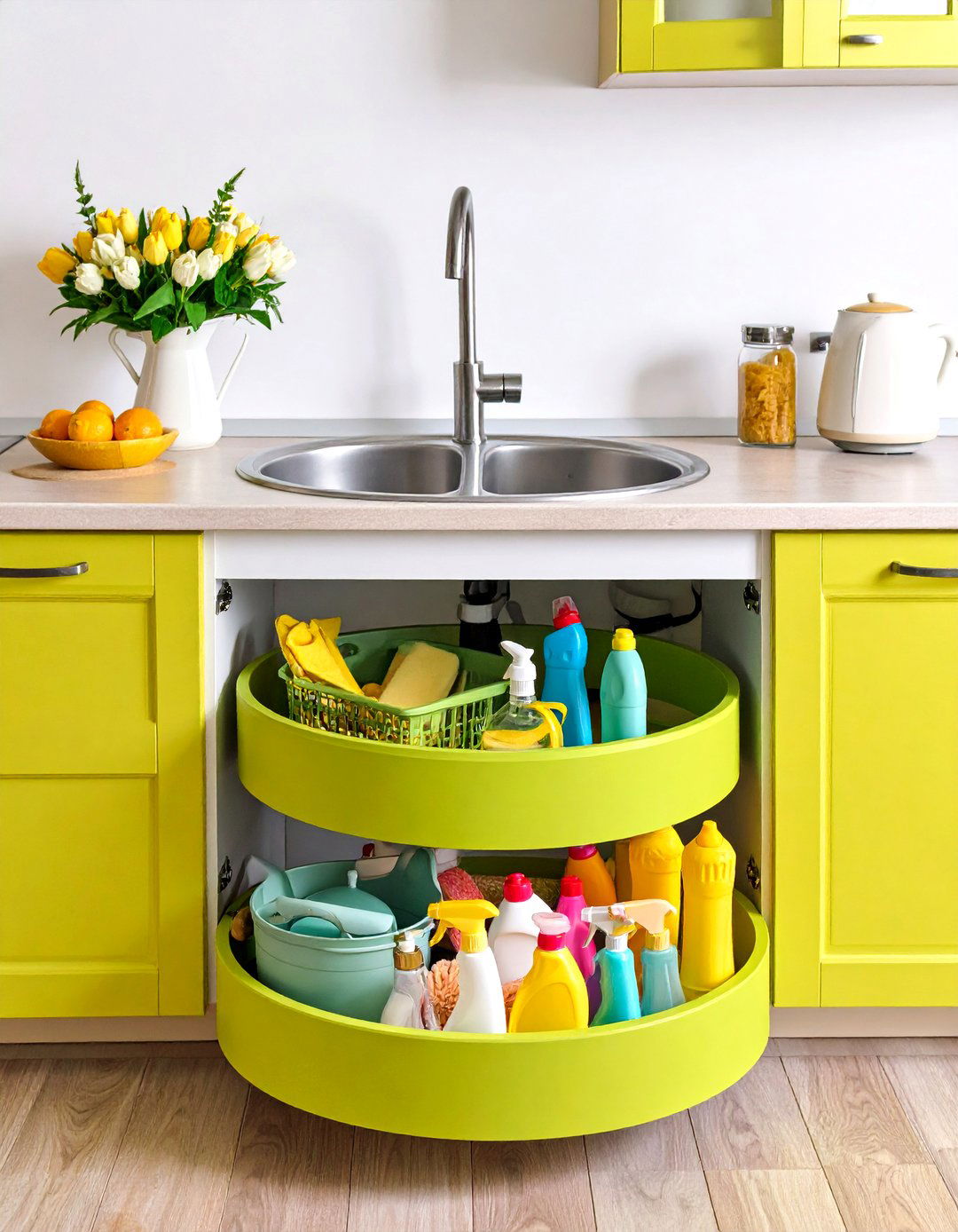 Kitchen Sink Tiered Lazy Susan Storage - 20 Kitchen Sink Organization Ideas