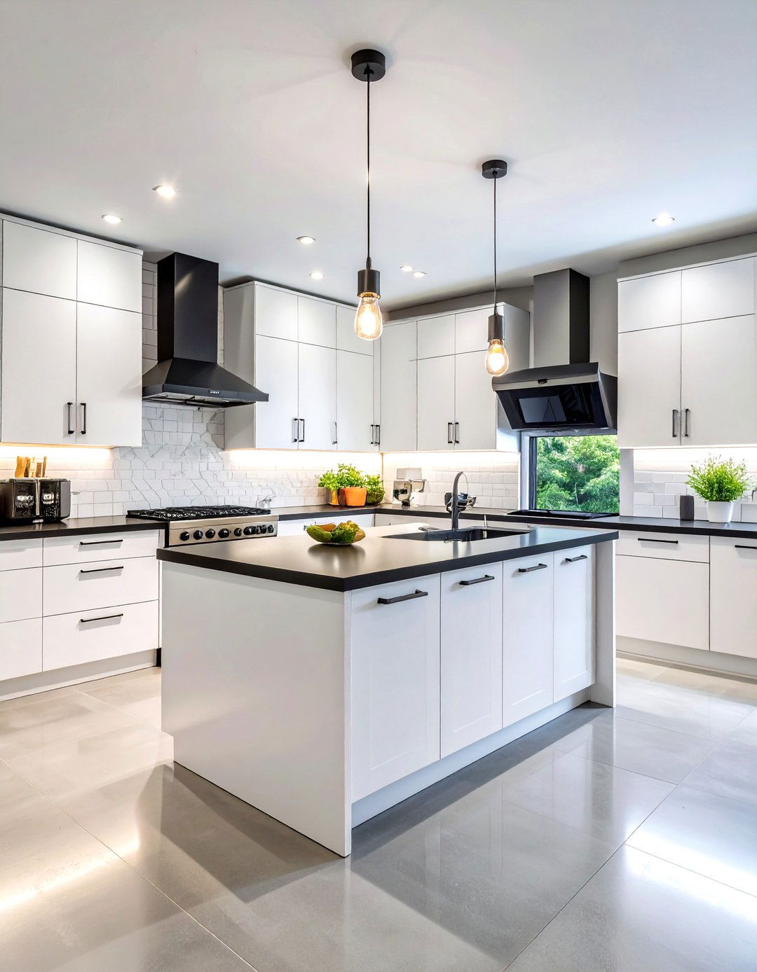 Kitchen With White Flat Panel Cabinets and Black Quartz Countertops - 20 Kitchen With White Cabinets and Black Countertops Ideas