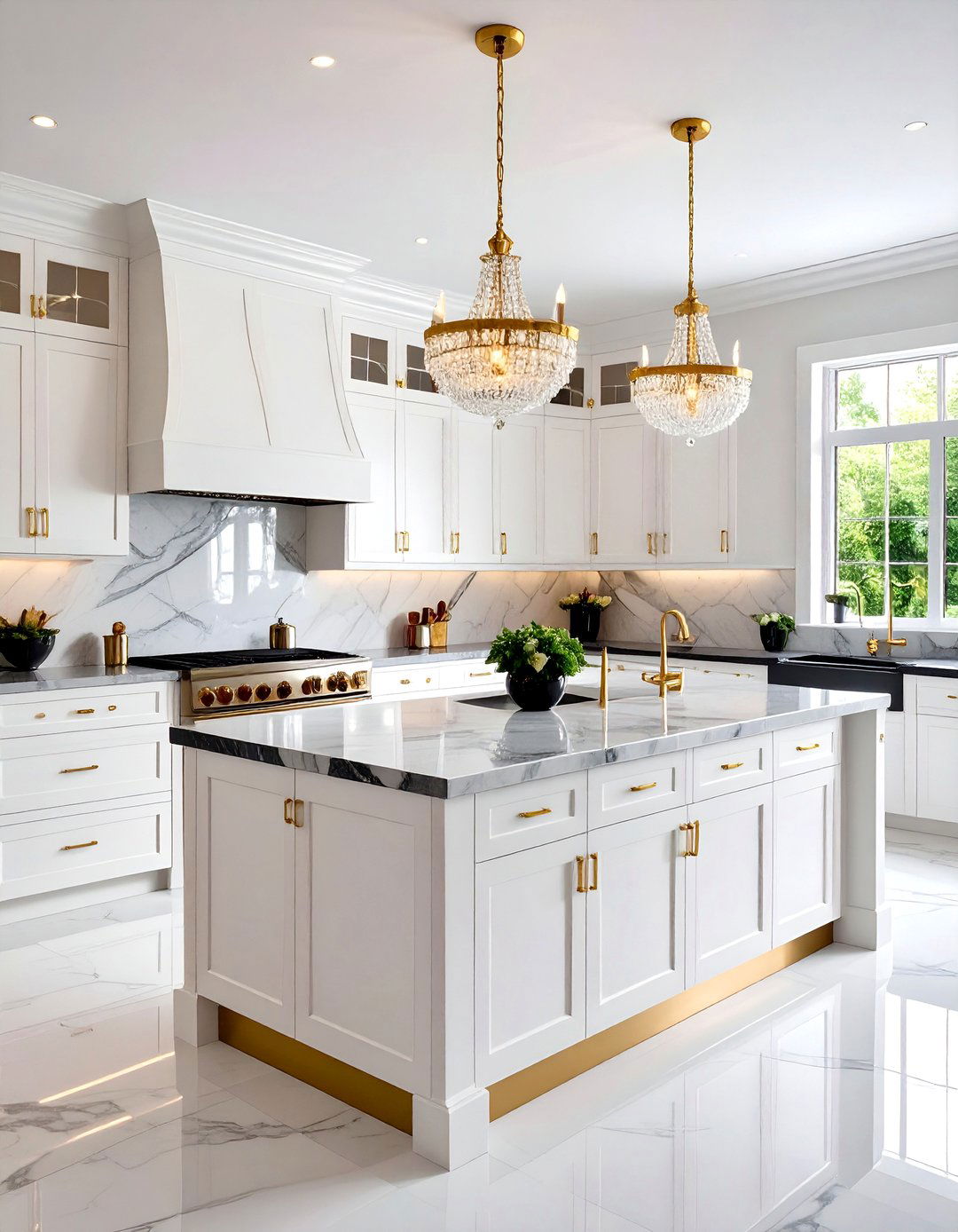 Kitchen With White Glamorous Cabinets and Black Marble Countertops - 20 Kitchen With White Cabinets and Black Countertops Ideas