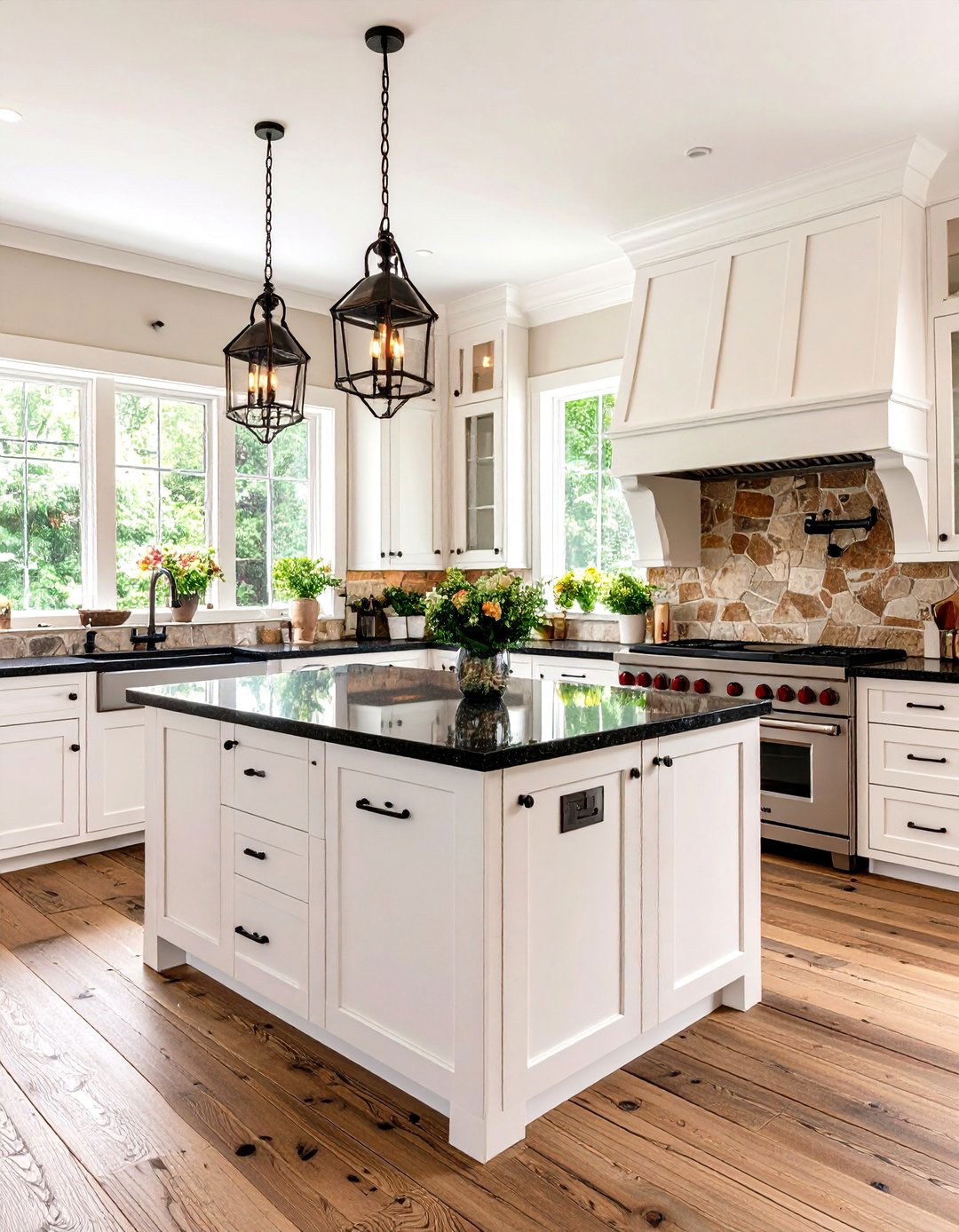 Kitchen With White Rustic Cabinets and Black Granite Countertops - 20 Kitchen With White Cabinets and Black Countertops Ideas