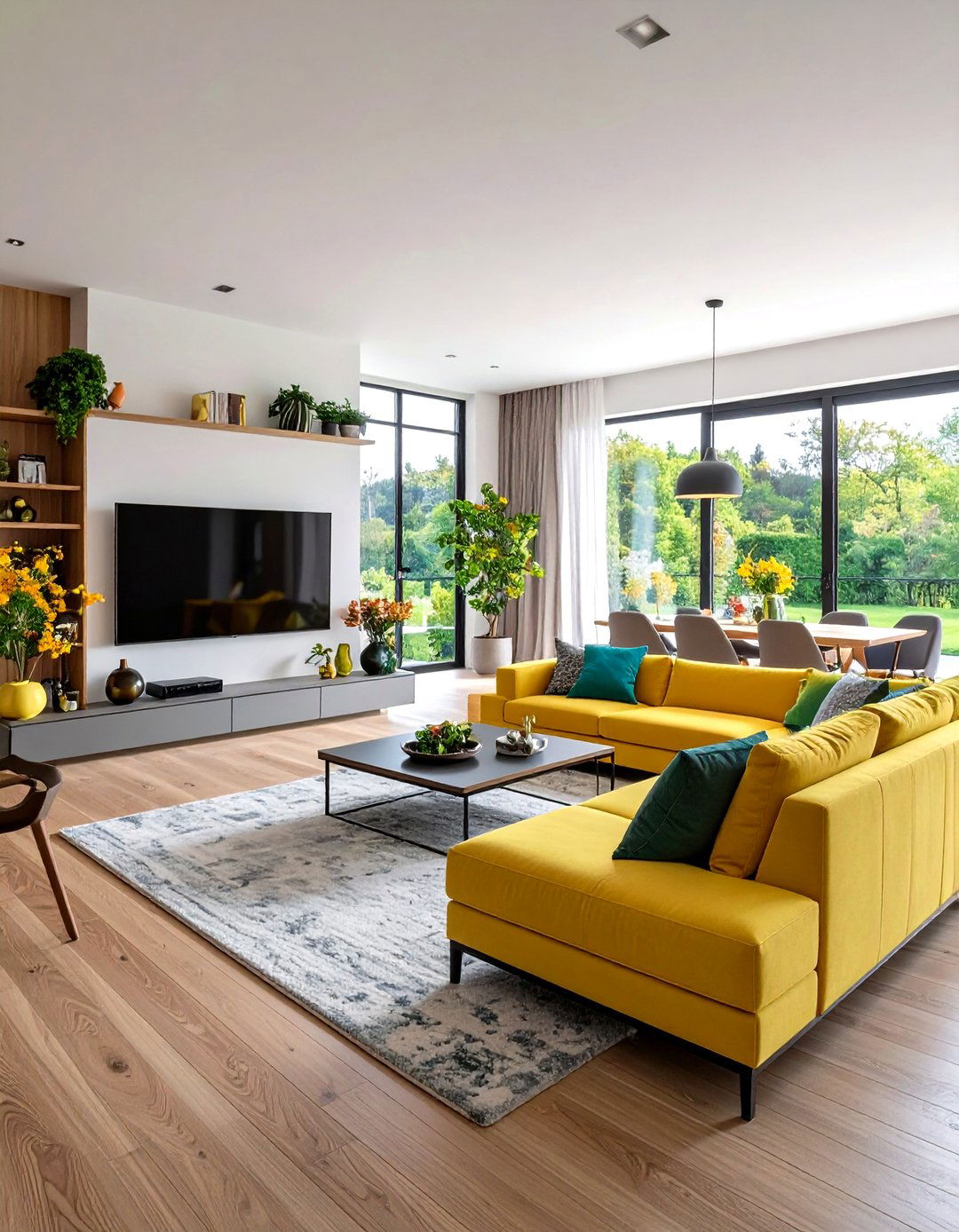 L Shaped Sectional Facing TV and Dining Spot - 20 Small Living Room Ideas With Tv and Dining Table