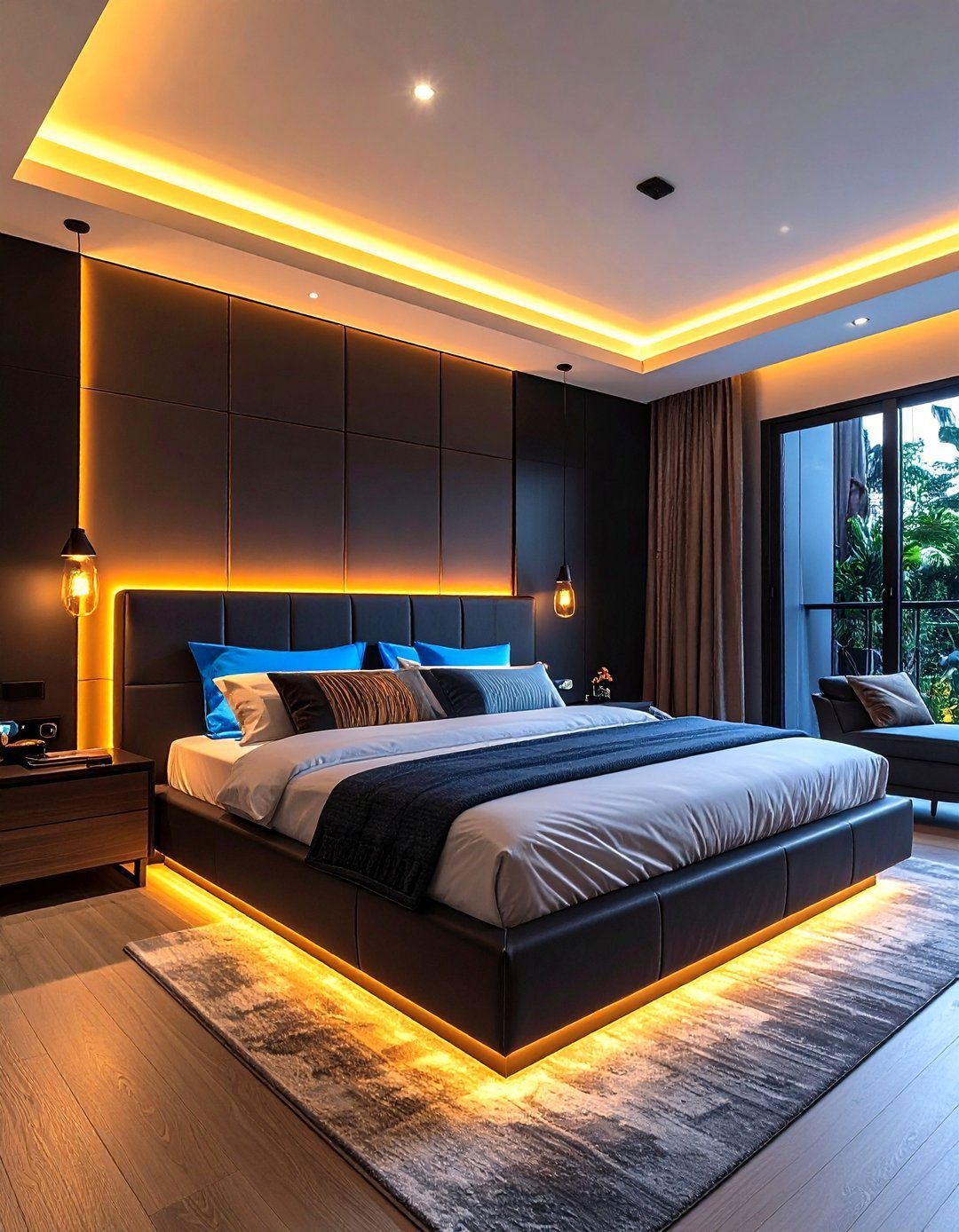LED Halo Lighting for a Black and Blue Bedroom - 20 Black and Blue Bedroom Ideas
