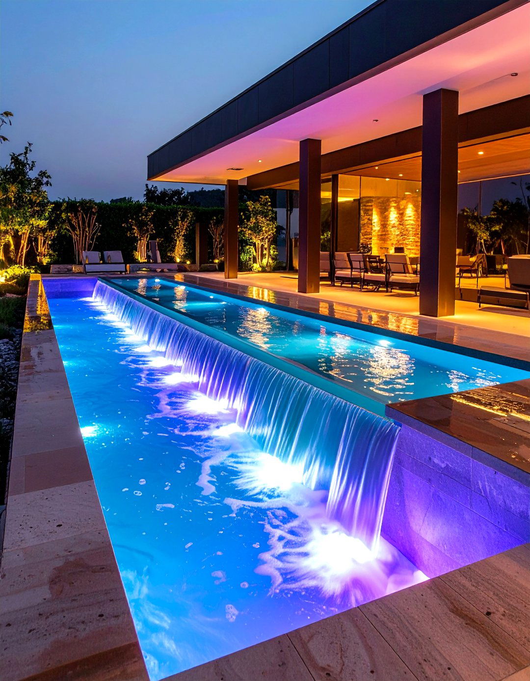 LED Lit Acrylic Spillway Fountains Vibrant Nighttime Pool Accent - 20 Pool Fountain Ideas