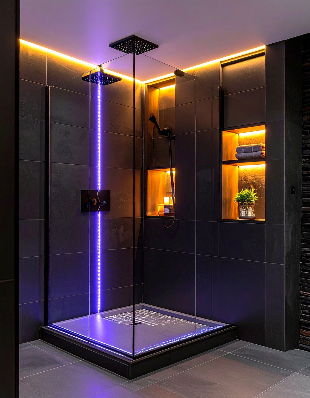 LED Lit Black Tile Bathroom Niches - 20 Black Tile Bathroom Ideas