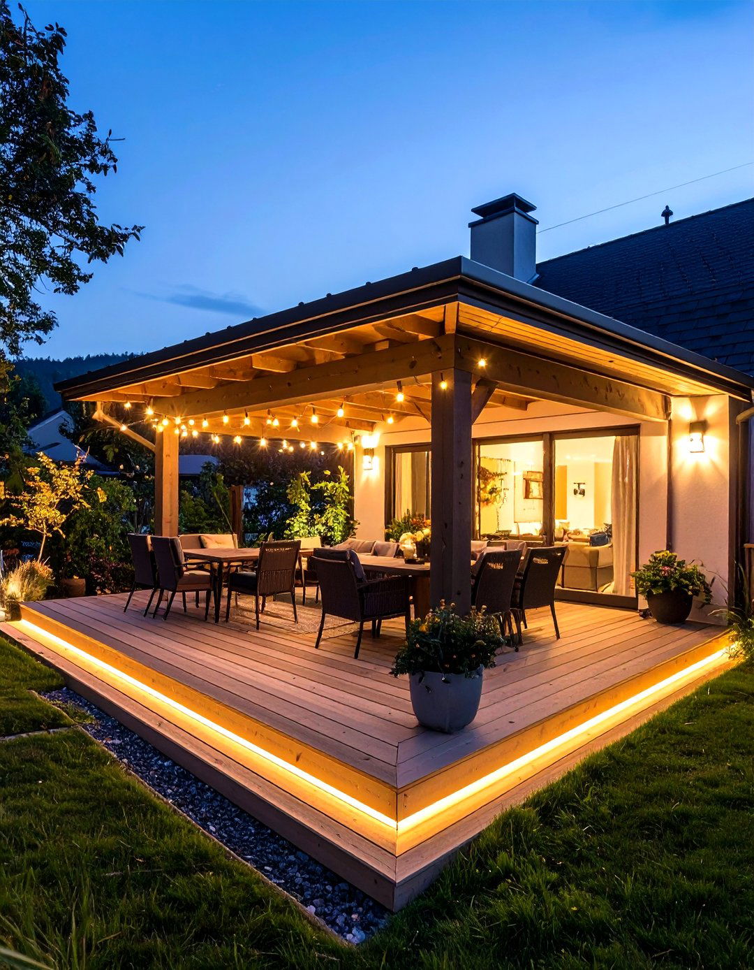 LED Lit Gable Patio Roof Extends Evening Enjoyment - 20 Gable Patio Roof Design Ideas