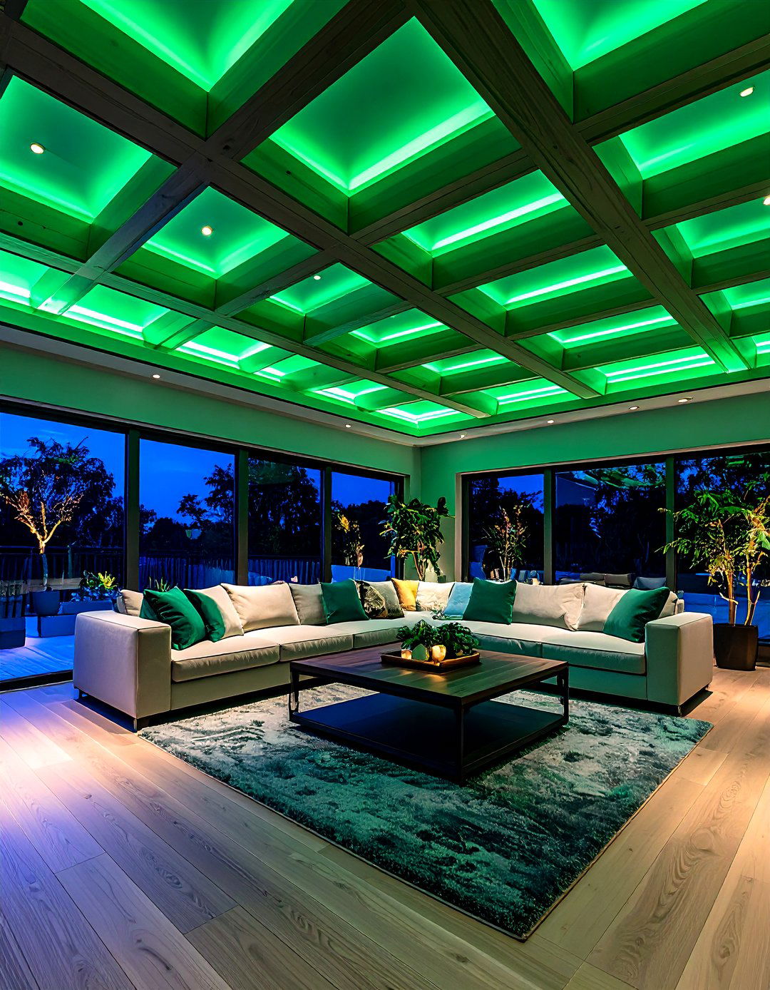 LED Lit Green Coffered Ceiling Delivers Nighttime Drama - 20 Green Ceiling Ideas