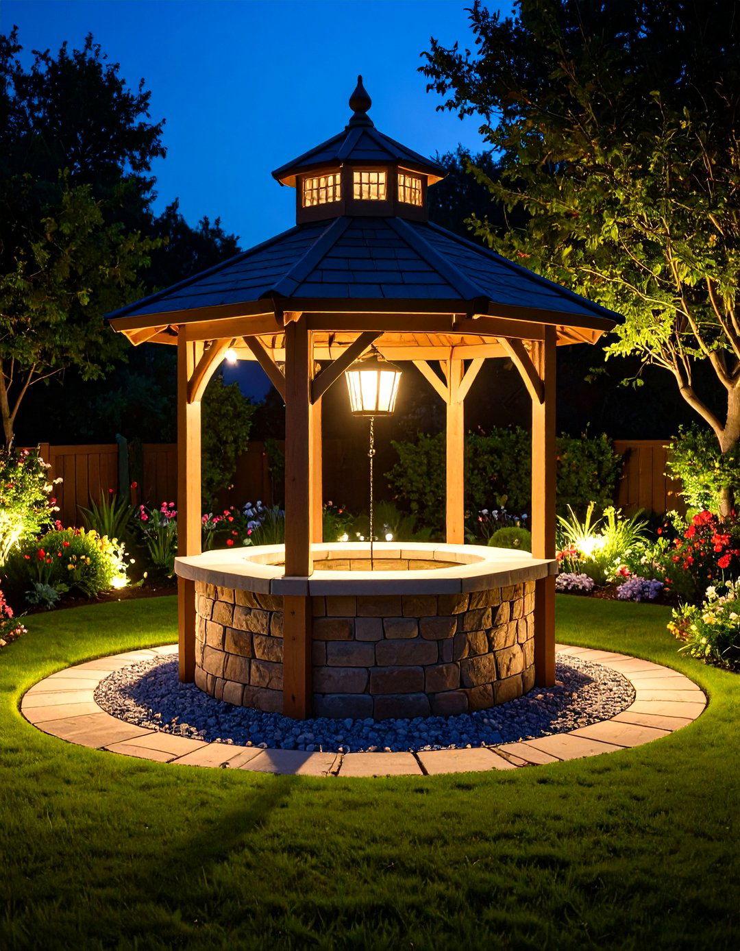 LED Lit Outdoor Wishing Well for Evening Ambiance - 20 Outdoor Wishing Well Garden Ideas