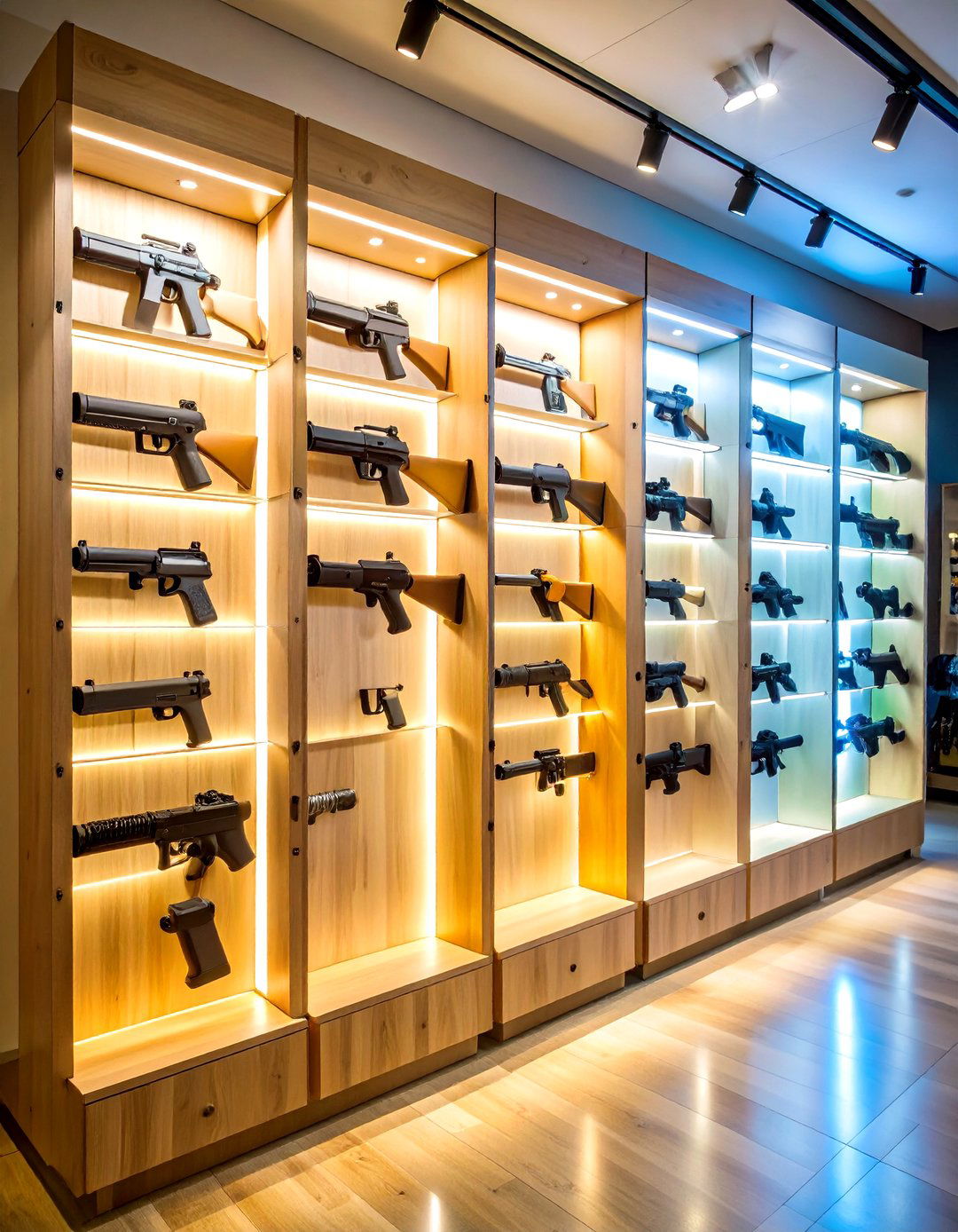 LED Lit Silhouette Gun Wall Adding Drama - 20 Gun Wall Ideas